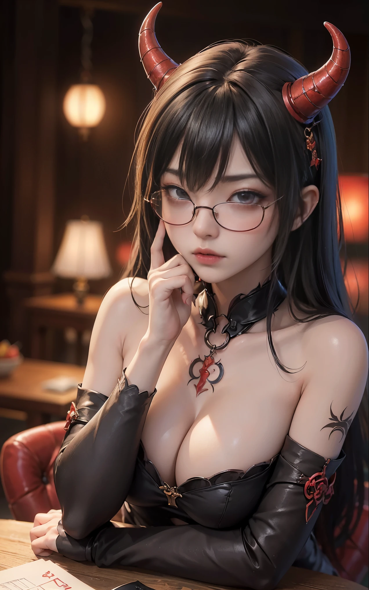 Understoodですかですか、(best illustrations)、8k UHD resolution、intricate details、highest quality、realistic、Super detailed、best lighting、best shadow、soft lighting、ultra hd、超realistic、Tyndall effect、Photoreal、(high detail skin:1.2)、 (intricate details, compensate, face to face with the children_v1:0.5), (Understood, beautiful and delicate face, Understoodですか, beautiful and delicate eyes, perfectly proportioned face, high resolution skins, fine skin, Optimal ratio of 4 fingers and 1 thumb, arm under chest, red tattoo on lower abdomen、Wow wow, wide hips, smooth abdomen, thin and thin skin, __fashion__, __hair__:1.25)、Digital single-lens reflex camera、 absurd、(table top: 1.3), (maximum resolution: 1.2), (ultra hdTV: 1.2), cinematic light, fine eyes and skin, detailed facial features, , (sharp focus: 1.2), (focus on the face:1.2),perfect style, beautiful face, acura, anatomically correct, Highly detailed face and skin texture, fine eyes, double eyelid, thin eyebrows, glitter eyeliner: 1 natural cheeks, Glossy skin, Fair skin: 1.2, (glossy lips: 1.4),(embarrassed look: 1.2),Highly detailed face and skin texture, fine eyes, double eyelid, natural cheeks, glossy lips: 1.4,exposed cleavage、Bewitching。charm、 Beautiful devil woman from hell, デヴィッド・ホックニーとアルフォンス・ミュシャによる超realistic女性の肖像画, charm女性の肖像画、fantasy art, Chinese humanoid robot、chinese actress、dungeon、dragon、devil'palace of、devil'torture chamber、night、dark style 、in the dark、(detailed spooky background:0.8), magic、 1 girl、evil nun、dark necromancer、Succubus、devil'Daughter of、Shinonome Umi、bat wings,(((devil'Horn)))、 ((((giant glasses, otaku glasses, thick glasses, round glasses)))),(((big breasts)))、(devil'tail)、(red eyesは光り輝いて:1.6)、red eyesは非常に鮮明で詳細です, your eyes are so beautifully made, ((red eyes:1.0)),intricate tattoo, demonic intricate tattoo, thigh tattoo, body tattoo, masterpiece、最もbeautiful face、baby face、cute smile、beautiful plump red lips、筋肉のcharm体、devilのcharm体、devil style、charmブラックマジックコスチューム、The long-haired、Braid、Black hair、Ponytail distortion、, Ponytail with a bow tied at the back of the hair, beautiful expression、body up、big breasts強調、bust, super tight chest, Breast augmentation surgery, Breasts are very big and round,tight waist、wide ass、 secret key, cowboy lens, (black phoenix dress: 1.0), devil crown, Red Gemstone Necklace、Jewelry G Wise, Please wear black mesh socks,wearing light red、nffsw, nffsw, Meeting beautiful girls, look at the girl'Main body,