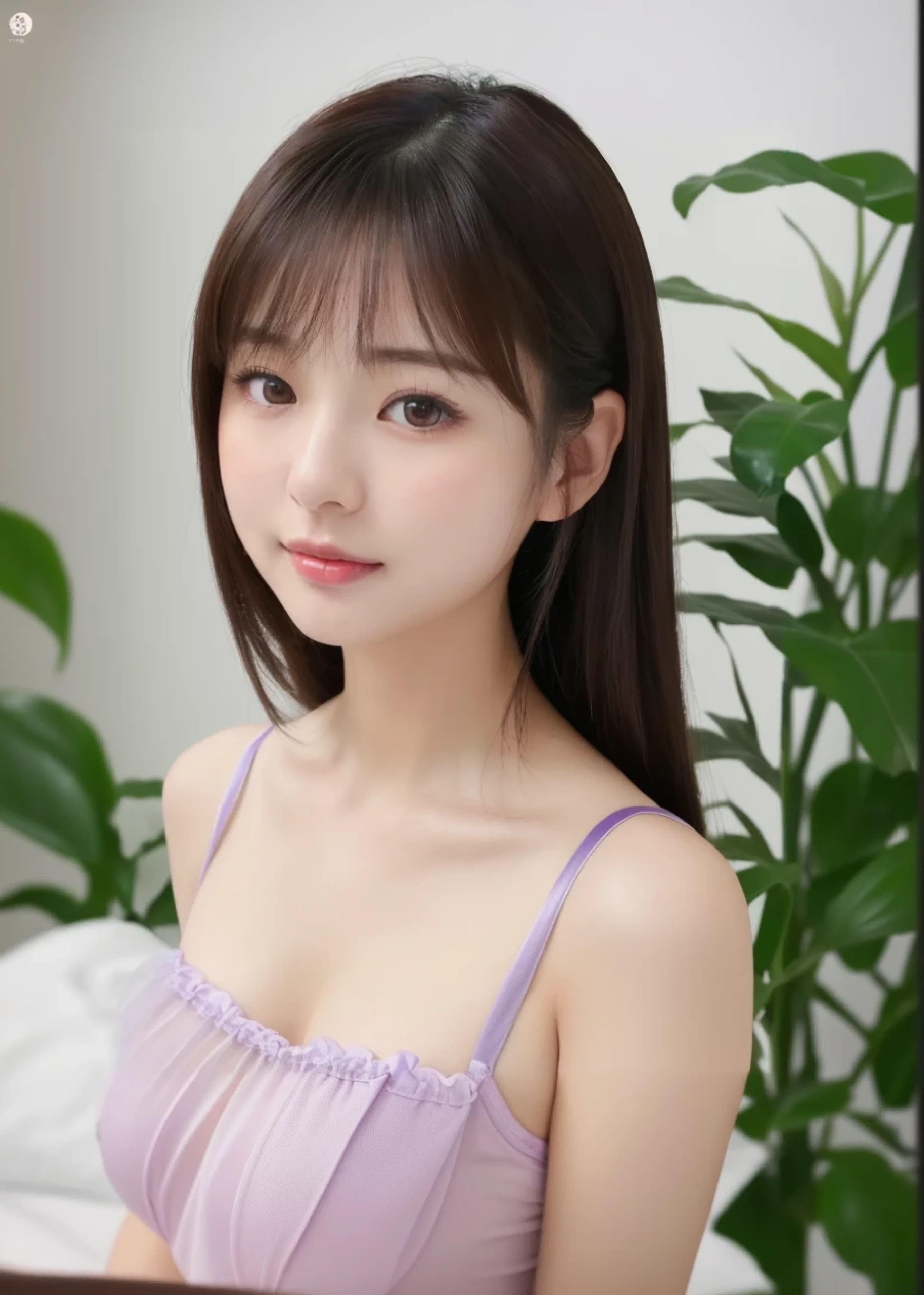 ((cute日本の女の子、beautiful japanese girl、1 girl、clear、19 years old、ponytail、Highly detailed face and skin texture、grace、super detailed face、highly detailed eyes、Lee Hong、blush、cheek、ピンクのcheekを塗ったcheek、close-up of woman、 from the neck up、upper body only、close to camera、 positive face、forward facing body、looking at camera、front、cute、smooth white skin、Transparent skin texture、))、(dark brown hair、bangs)、beautiful woman with perfect style:1.4、japanese model、young gravure idol、若いcuteグラビアアイドル、Realistic young gravure idol、sophisticated gravure idol、((highest quality、8k、masterpiece:1.5、1photograph))、(4k、RAWphotograph、highest quality)、(realistic、フォトrealistic:1.6)、Place a person on the other side of the screen、Natural light、professional lighting、F cup、tits、full nude、Beautiful and well-shaped breasts、topless、No bra、dark purple underwear、pink nipples、pale nipples、pink nipples、Observing brightly colored nipples、noon、Bright interior、white room、sense of cleanliness、bedルーム、bed、background plants))、