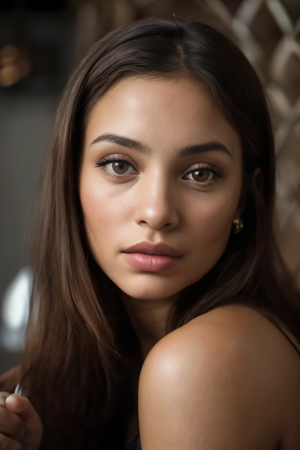 (Fermer, editorial photography of&#39;une femme de 21 ans), latina (very detailed face:1.4) (sourire:0.7) (background to the&#39;interior of the&#39;darkness, lunatique, private study:1.3) Point de vue, par Lee Jeffries, Nikon D850, photographie de pellicule ,4 codes portra 400 ,f1 camera.6 lentilles ,couleurs riches ,hyper realistic ,Realistic texture, dramatic lighting , cinema 800,