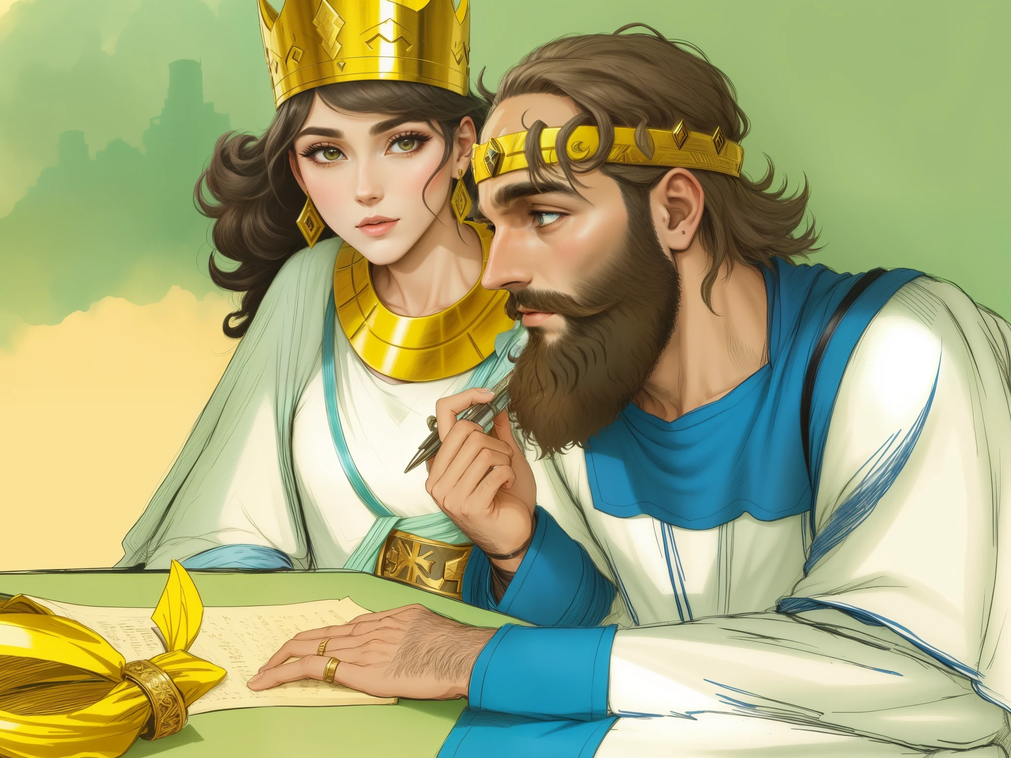 there's a man with a beard. Next to the man is a woman with a crown on her head.. Biblical setting. biblical costumes. biblical style. comic book style. estilo anime.