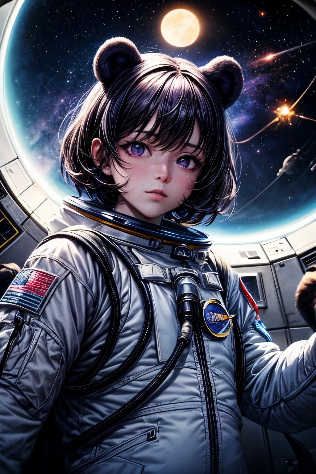 (master piece),(best quality),(super detailed),Create stunning digital artwork of astronauts spacewalking through the vastness of outer space. Astronauts should float gracefully outside the space station, Earth and moon can be seen in the background. A drawing of an astronaut wearing a space suit, tethered to a space station, Explore the mysteries of the universe. draw an astronaut'suit with realistic details, device, and the complex mechanics of the space station... Lighting must express the fantastic beauty of outer space, Cosmic lighting casts a mesmerizing glow on the scene. Adopts high-resolution realistic style, Pay attention to the texture, shadowing, and reflect. Color schemes can incorporate cosmic colors, dark blue, etc., purplish color, (Close-up:1.3), (face focus:1.4), ((Kemonomimi girl with black bear ears:1.3)), ((Black hair berry berry short:1.4)), plump and glossy lips, (Beautiful purple eyes:1.3), spoken word heart, Large slouched posture, solo,masterpiece, 32k