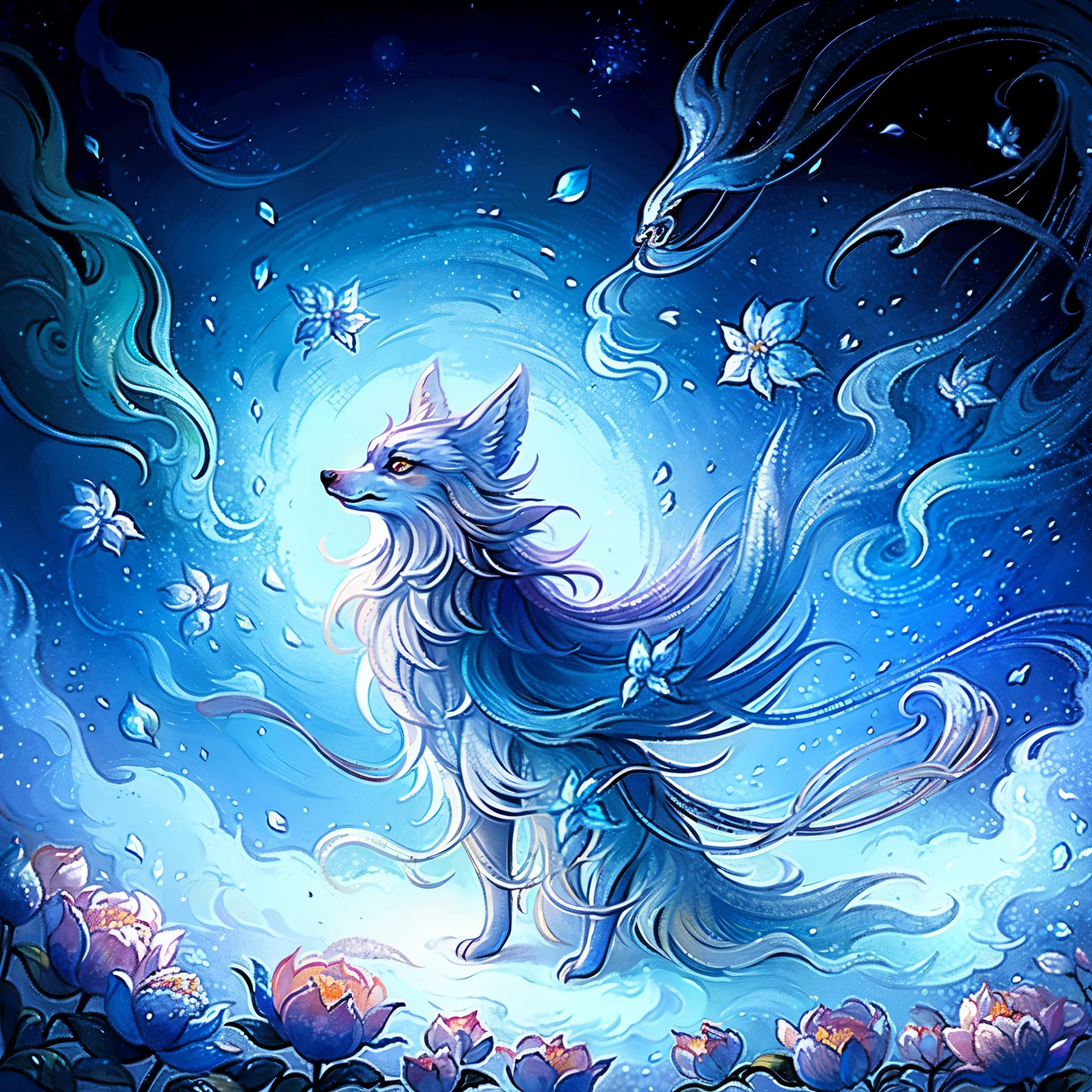 Ultra realistic and intricately detailed, the white spirit fox leaps gracefully through the dreamy space, surrounded by a backdrop of vibrant flowers in full bloom. The god of the forest's ethereal figure glows with a soft, otherworldly light, radiating a hot atmosphere. Professionally color graded in 8k resolution, each Swarovski crystal on its coat shines brilliantly, adding a magical touch to the scene.