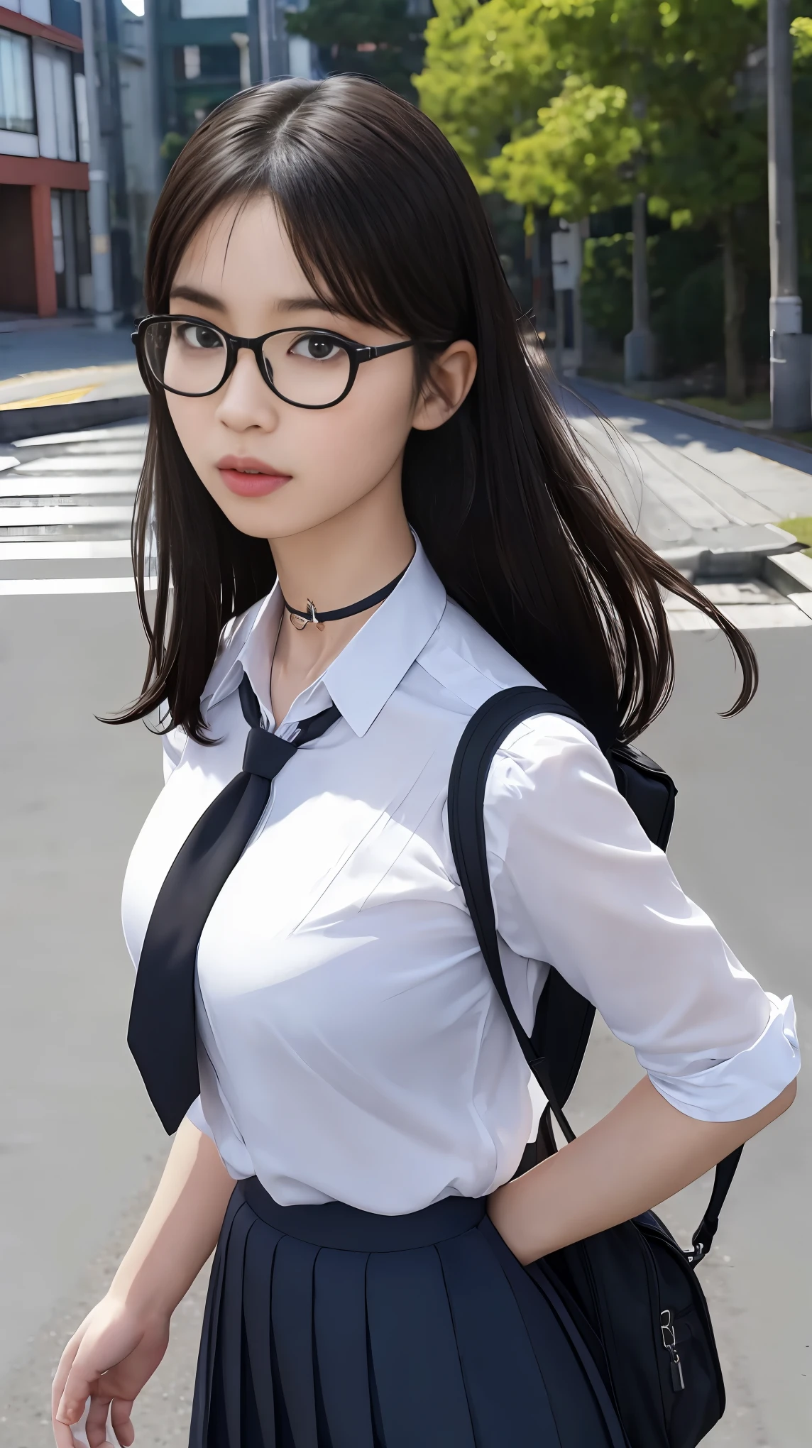 ultra-detailed, (paisura:1.4), 1girl, glasses, big breasts, necktie, sexy skirt, bag, sexy school uniform, black hair, outdoors, road, between breasts, street, school bag, ground vehicle, danchi, japan, slender body, hairclip, jewelry, anchor choker, illustration, first-person view, pov, cowboy shot, bokeh, Sony FE GM, masterpiece, best quality, 16k, super detail, anatomically correct