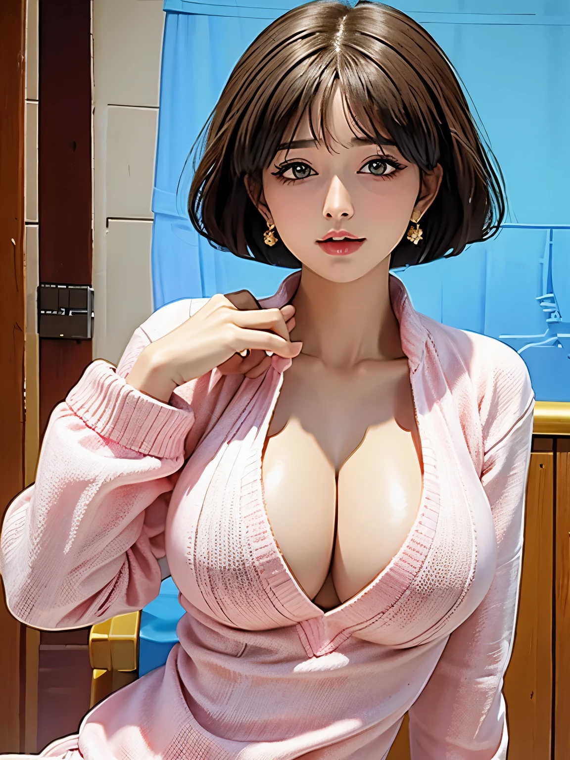 (masterpiece, best quality:1.2),Okita apricot pear, alone,,Eyes are exquisite and delicate,Exquisite hair color，( Wear a sexy sweater:1.2)，pastel tones，超big breasts,big breasts，large breast size，big breasts, Breasts very，pink lips