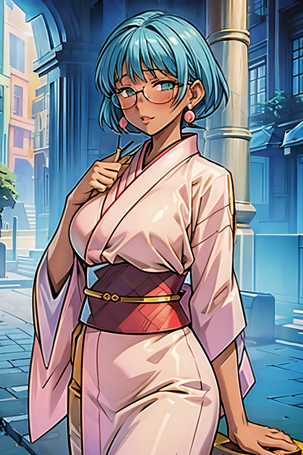 (masterpiece, best quality:1.2),Bobby Lou Loval,1 girl, alone,Exquisite hair color，short hair，( Wearing a sexy kimono:1.2)，too big,glowing skin，dark skin，wear glasses，earrings（（（surprised expression）））blush，pastel tones，pink lips