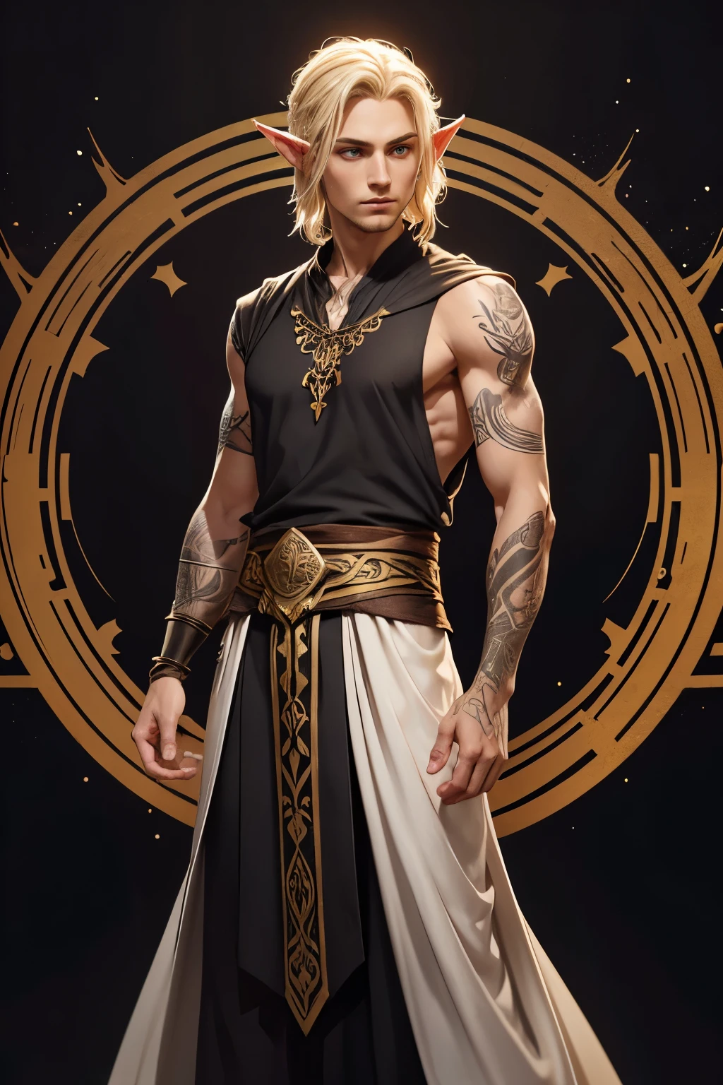 an elf with ashen blonde hair stands on a dark background. He wears flowing robes that are sleeveless. The robes are magical with interwoven golden accents. The elf has runic tattoos scattered along his arms. His arms are crossed and he appears confident, standing tall. There is an aura of mystical energy encircling him. He appears to be in his 30s. acrylic painting realistic masterpiece