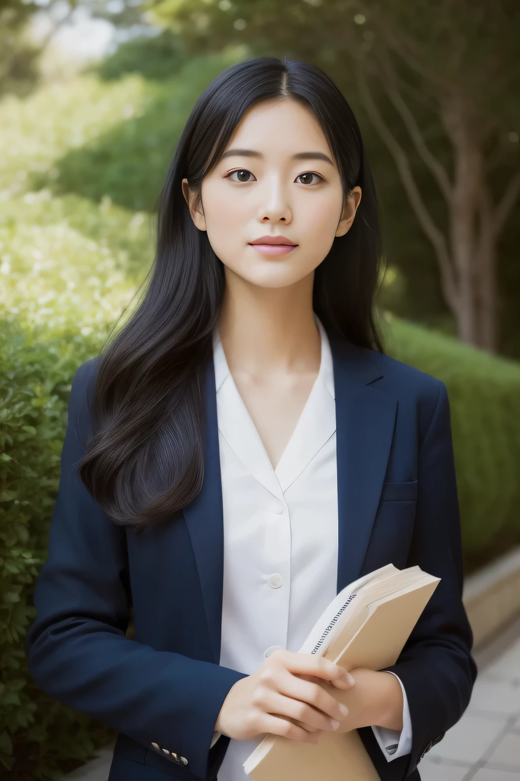 (masterpiece、High level image quality、high quality),(japanese woman、university student、teacher、22 years ago、Beautiful woman)、(perfect anatomy、beautiful limbs、healthy body)、(beautiful skin、Women's Suit)、Japanese luxury condominiums、(sunny slope、Going down the slope)、morning、tension and hope、long black hair、Clear black eyes、soft sunlight、Takako Kuramoto、kind、beautiful picture、