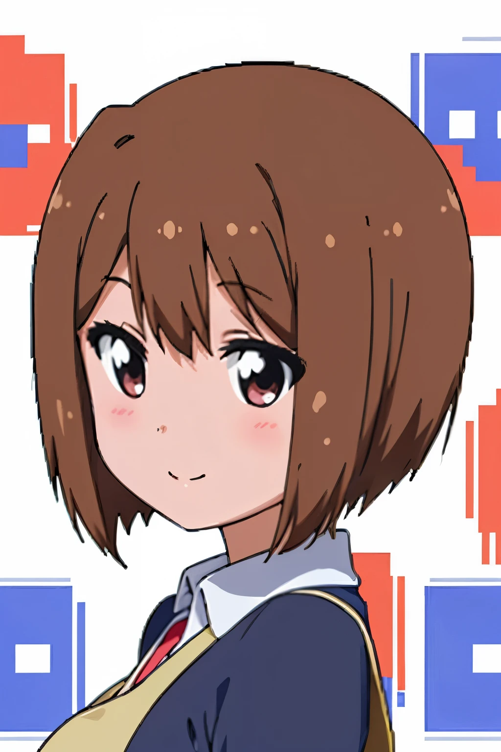(((pixel perfecto, detalle perfecto))), solo, 1 chica, nasuno takamiya, uniforme escolar, Mirando al espectador, sonrisa, pelo marron, ojos marrones