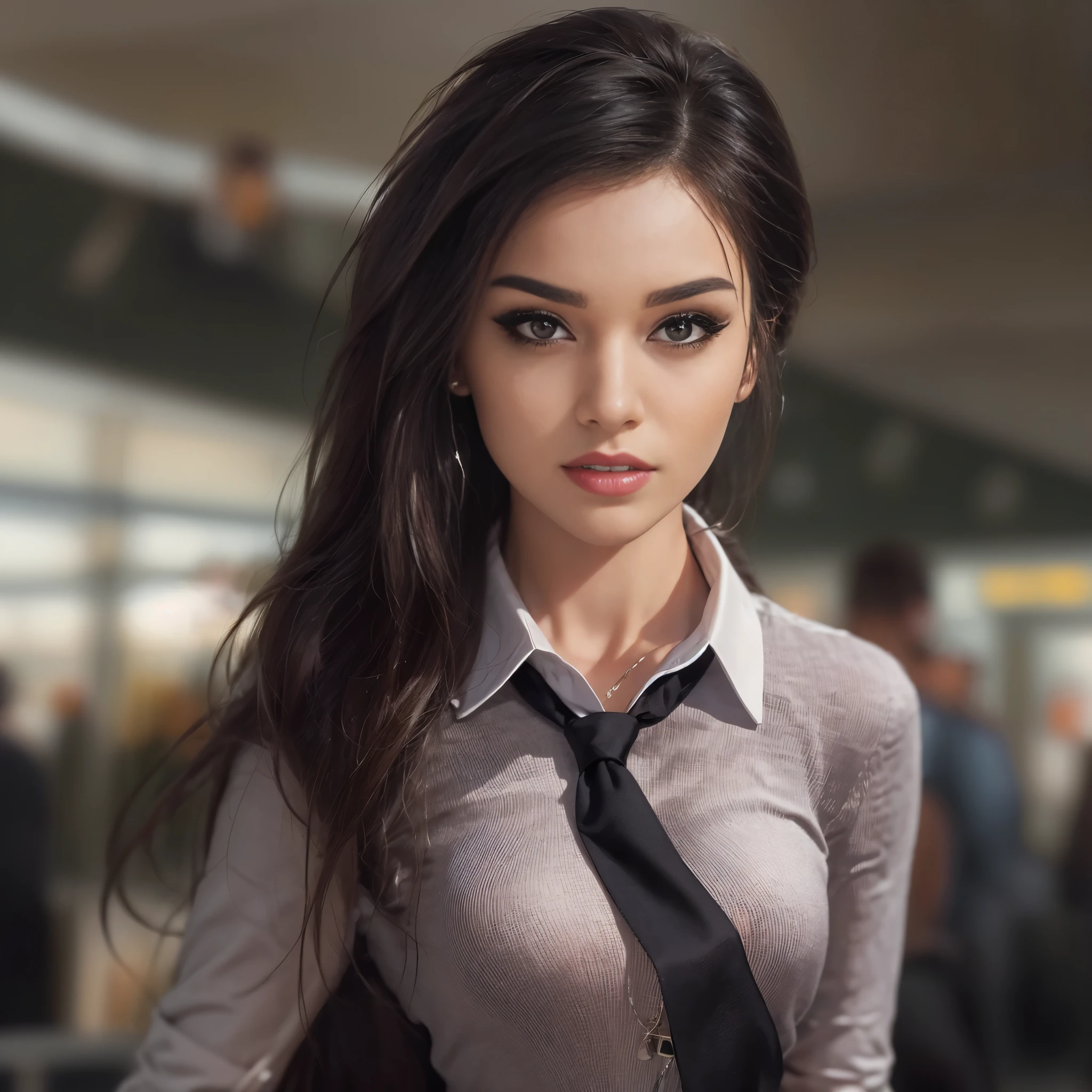 Photorealistic, high resolution, 1 Women, Solo, Waist up, Beautiful brown eyes , Close lips, Detailed face, black hair, Long hair, Collared shirt, black necktie,Black skirt, pencil skirts, Fur coat, Stockings,full body show ,in the airport 