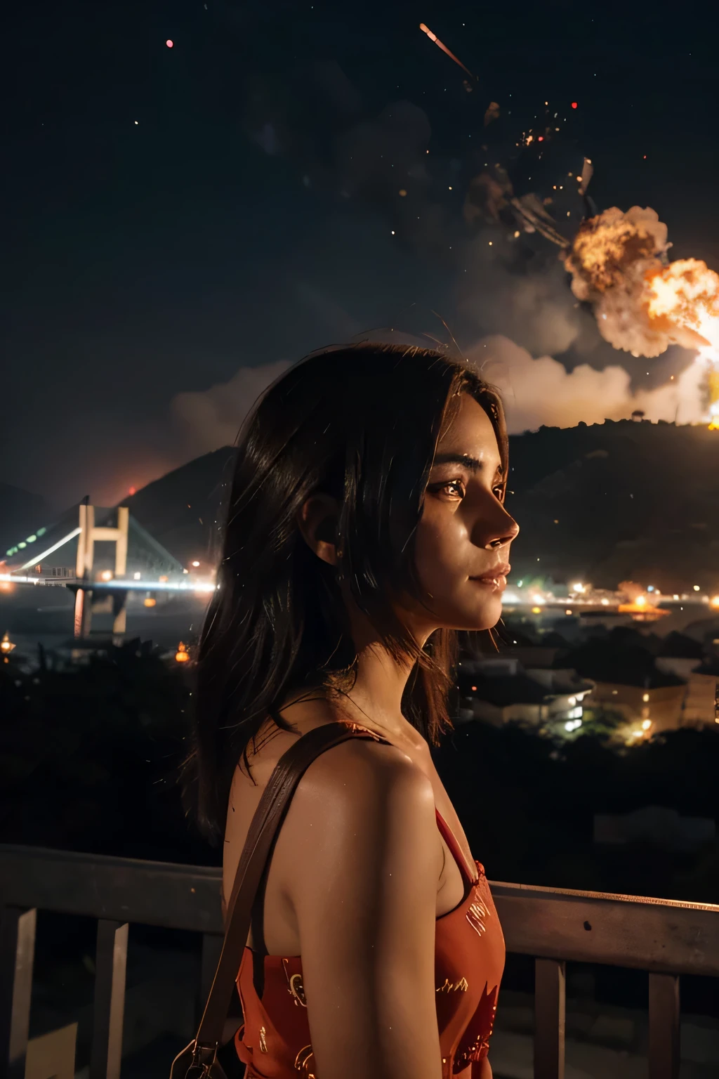 Mulher,Lina, cabelo curto, voando sobre a cidade, fogo, brilho vermelho
