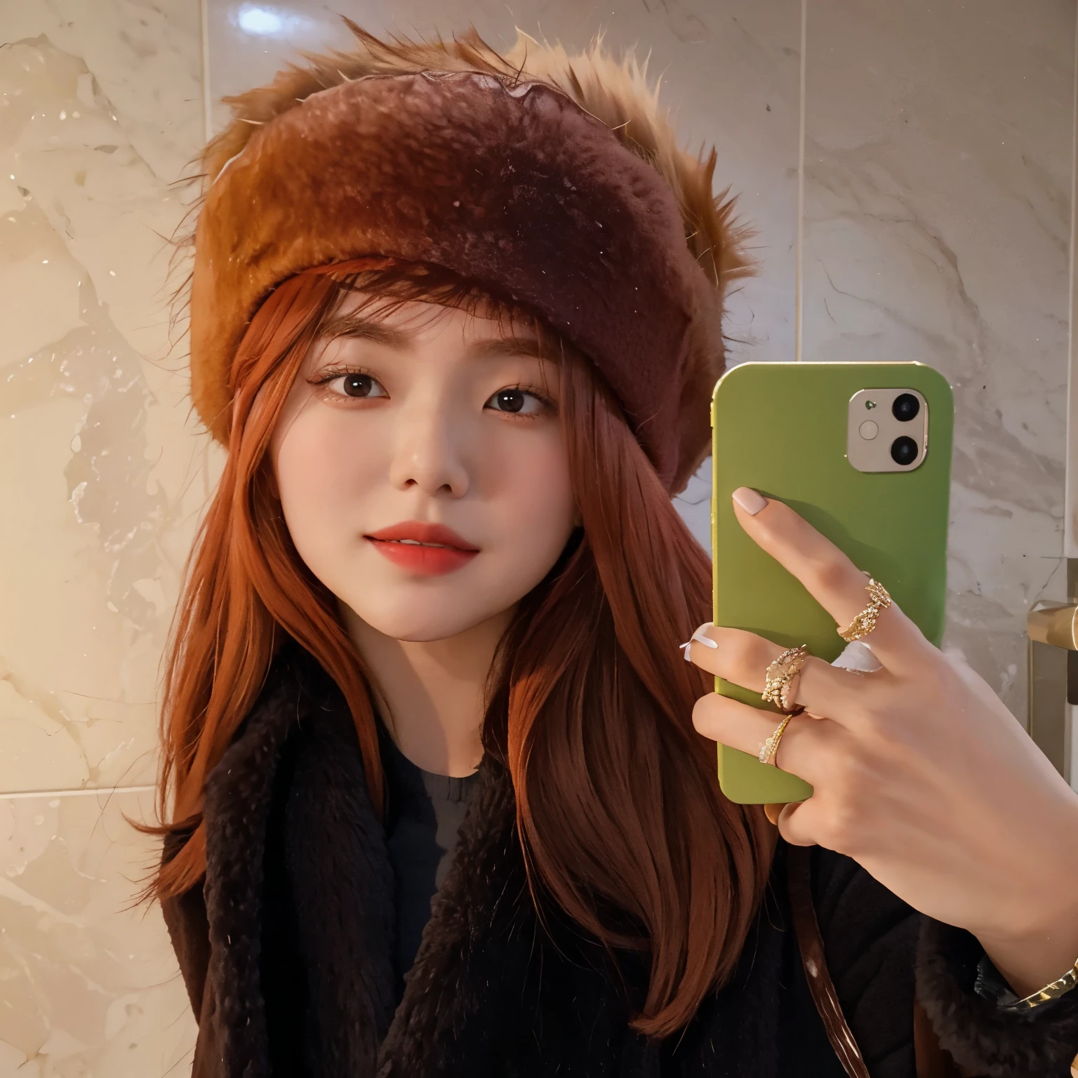 woman with red hair taking a selfie in a bathroom, selfie of a young woman, ginger hair and fur, with brown hair, wearing a fisher 🧥, madison beer as leeloo, wearing a cute hat, style of julia razumova, with red hair, valentina remenar, she has long orange brown hair, with a weird hat, with hat, asian girl, asian girl, asian girl asian, girl, asian girl, asian girl