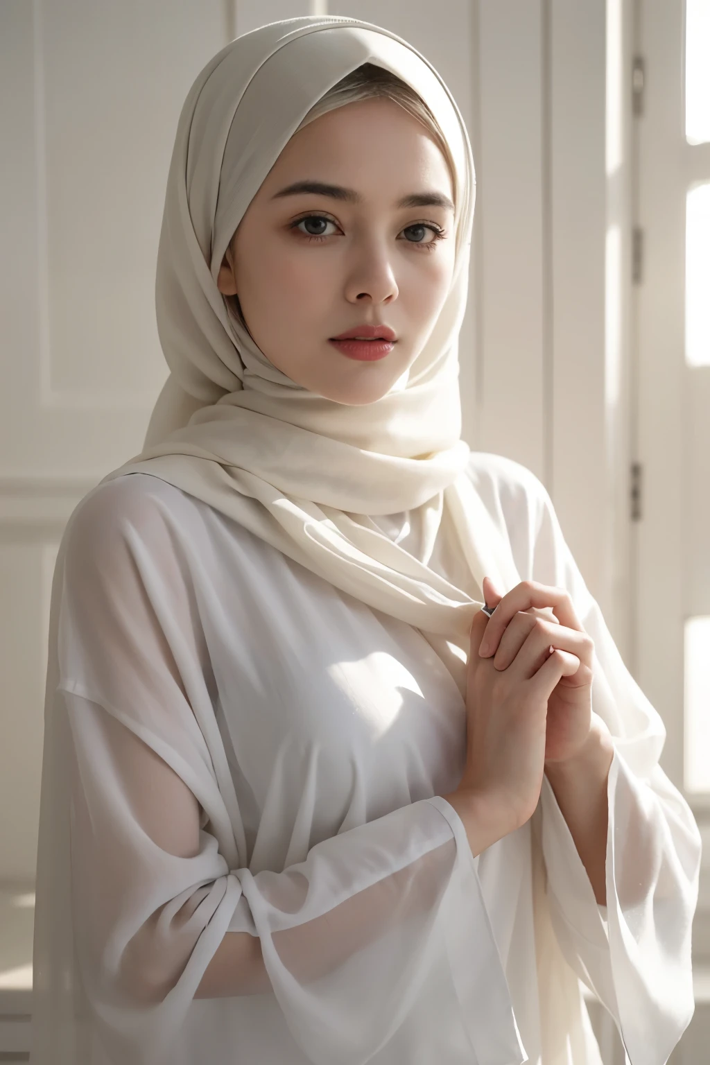 A Yemeni girl between the ages of 20 to 25, adorned in a beautiful white hijab and modest attire, captivates with her striking black eyes that demand attention and leave a lasting impression. These captivating photographs, designed to entice viewers to follow her on social media, are skillfully crafted to be realistic, concise, and direct. Each image exudes a creative and clever touch, incorporating unexpected elements, such as a face shape reminiscent of Nicole Kidman, that sets them apart from generic and overused visuals.