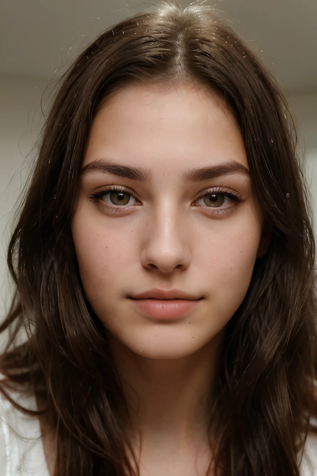 Photo of a 22-year-old brunette, he has a very natural face, Thin lips, thin eyes, Thin eyebrows, thin nose, grow long eyelashes, face looking straight into the camera