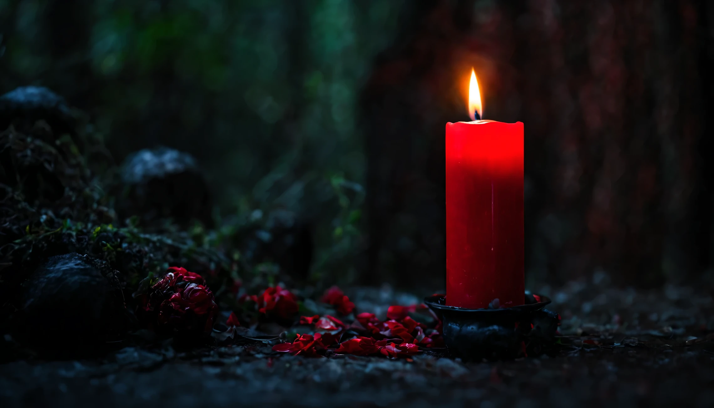 Weep a mystical black and red candle, surrounded in an esoteric, mystical and mysterious environment.