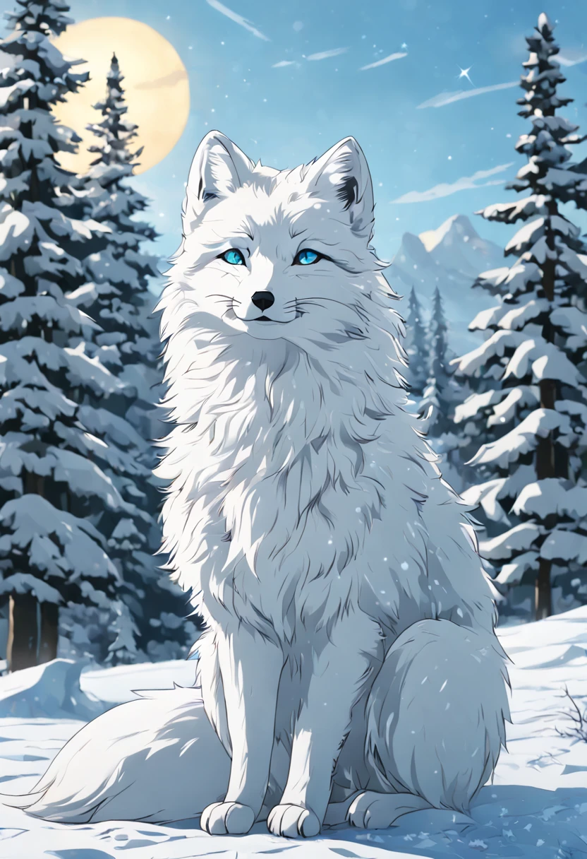 [(cold, snowy landscape:1.2) ::0.3], (masterwork:1.3), (arctic fox:1.2), thick white fur, fluffy tail, looking ahead, sitting, snowflakes in fur, (ice crystals:1.1), (winter forest:0.8), conifers, snowy ground, blue sky, clouds, sun rays, blue eyes, alert expression, arctic fox, aesthetic