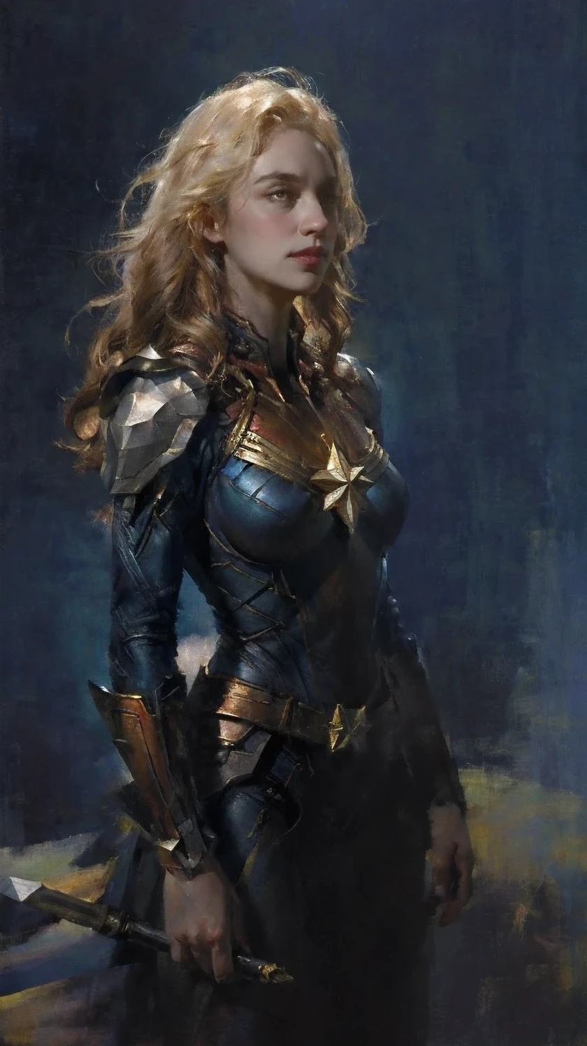 ((dyeing)),((oil painting)),((impasto)),1girll, Solo,cowboy shot,[(Gradient background:1.5):0.5],simple background,Captain Marvel costume dress,Big breasts,Raw,16K,ultra high res,cinematic shot,twilight lighting,volumetric lighting,dramatic lighting,(sharp focus,photorealistic,realism,depth_of_field:1.5),