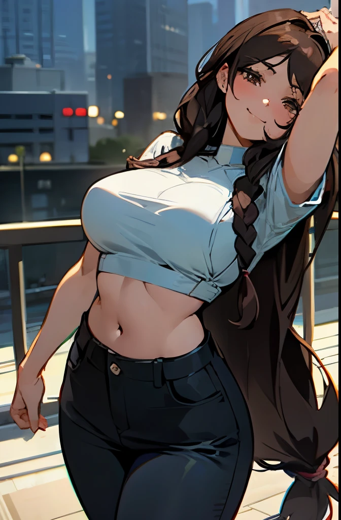 anime, portrait of a 28 year old woman taking a selfie, mischievous smile, long hair, dark hair color, stylish hairstyle, side hair long lush hair, long curls of hair pulled to the sides, Braids within the hair, curvy body, proportional body, sexy girl, beautiful mature girl, lovable character, crop top, short skirt, clarity, detailed, detailed face, very detailed drawing, smile, flirty look, city background, saturated background, perfect composition, soft natural volumetric cinematic perfect light, masterpiece, in frame, face prominent in the shot