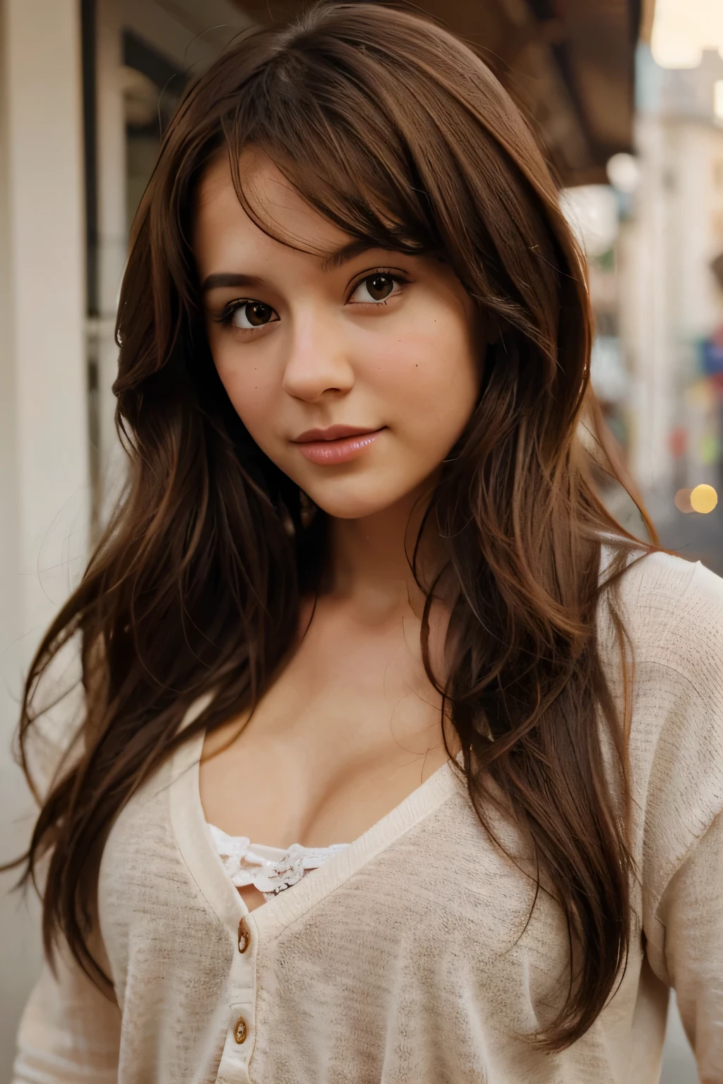 Teen, brown hair, innocent face, big , low cleavage, beautiful,