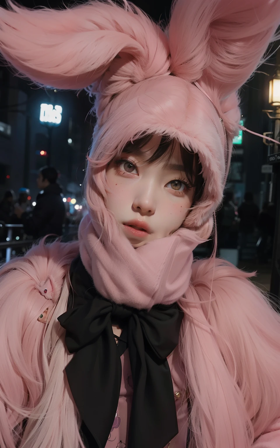 Araffe wearing a pink furry outfit with a black scarf, vestindo uma fantasia de coelho rosa, wearing a terno de coelho, terno de coelho, Lalisa Manoban do Blackpink, lalisa manobal, tzuyu de duas vezes, o coelho tem pelo rosa, com orelhas de coelho, with long drooping rabbit ears, jossi do blackpink, Jisoo do Blackpink