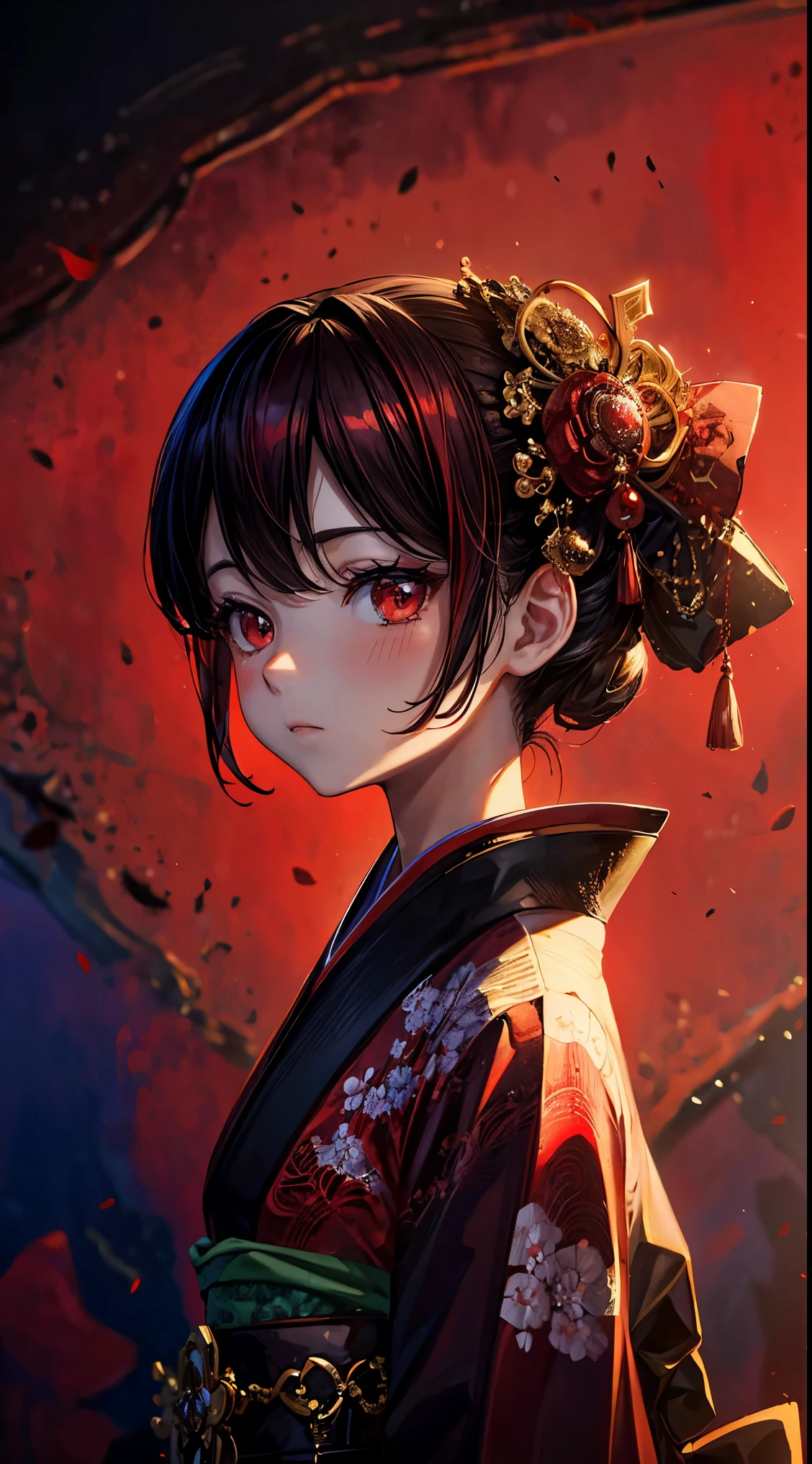 A world in crimson red, una chica vestida de geisha roja, kimono muy hermoso, murales a gran escala, Dimensiones multicapa, cielo Rojo, Arquitectura japonesa roja, red gradient, anime wallpaper lovely red lantern girl, Cara ultra detallada, kawaii, in the style of scenic environments, japanese style landscapes, rojo oscuro y rojo brillante, Dark burgundy and light crimson, digital art techniques --ar 5 7 --niji 5 --beautiful style,
