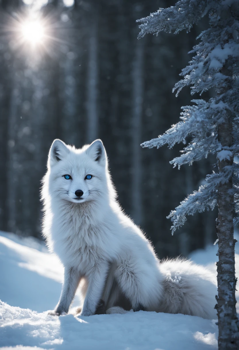 [(cold, snowy landscape:1.2) ::0.3], (masterwork:1.3), (arctic fox:1.2), thick white fur, fluffy tail, looking ahead, sitting, snowflakes in fur, (ice crystals:1.1), (winter forest:0.8), conifers, snowy ground, blue sky, clouds, sun rays, blue eyes, alert expression, arctic fox, aesthetic