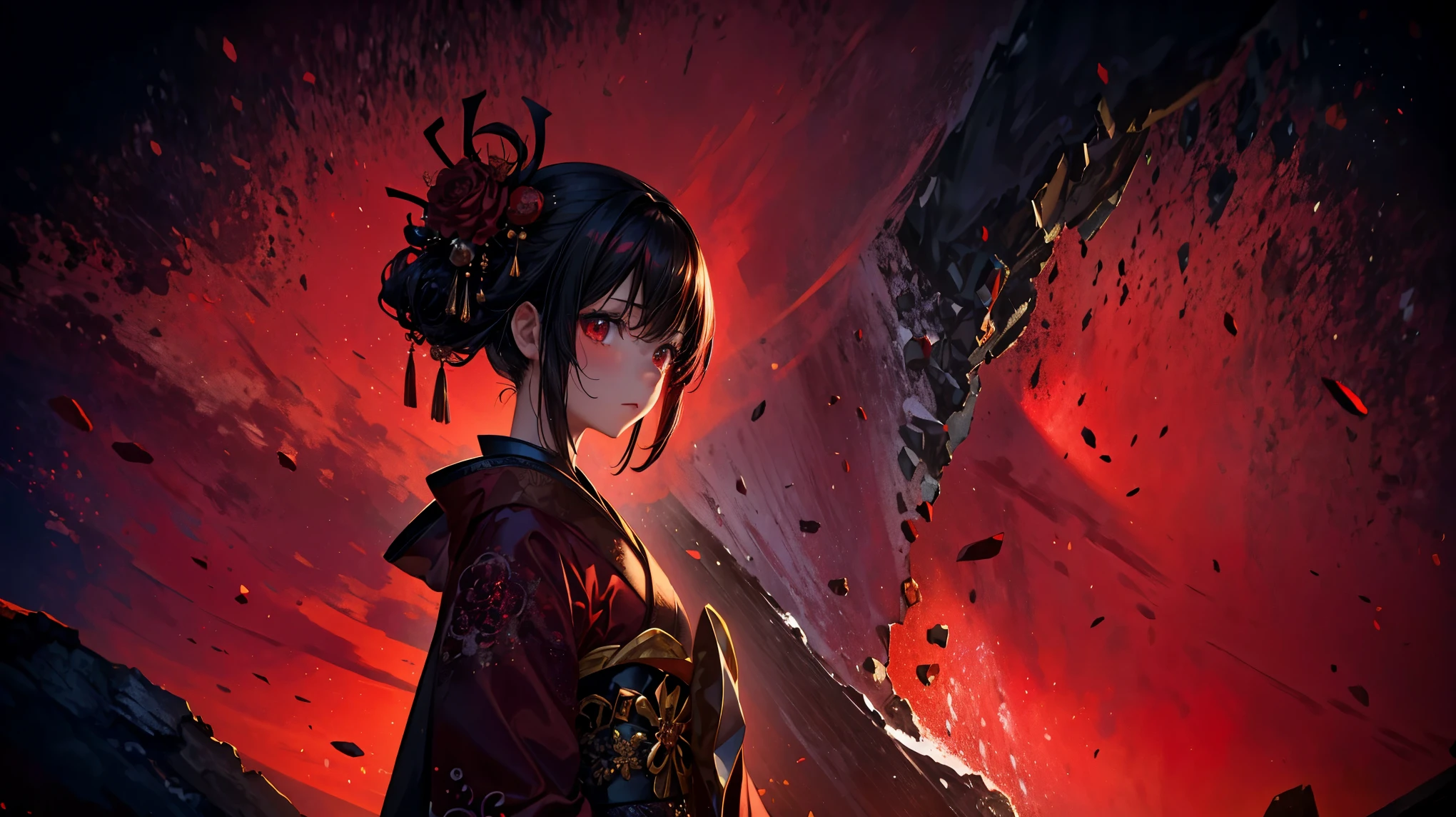 A world in crimson red, una chica vestida de geisha roja, kimono muy hermoso, murales a gran escala, Dimensiones multicapa, cielo Rojo, Arquitectura japonesa roja, red gradient, anime wallpaper lovely red lantern girl, Cara ultra detallada, kawaii, in the style of scenic environments, japanese style landscapes, rojo oscuro y rojo brillante, Dark burgundy and light crimson, digital art techniques --ar 5 7 --niji 5 --beautiful style,