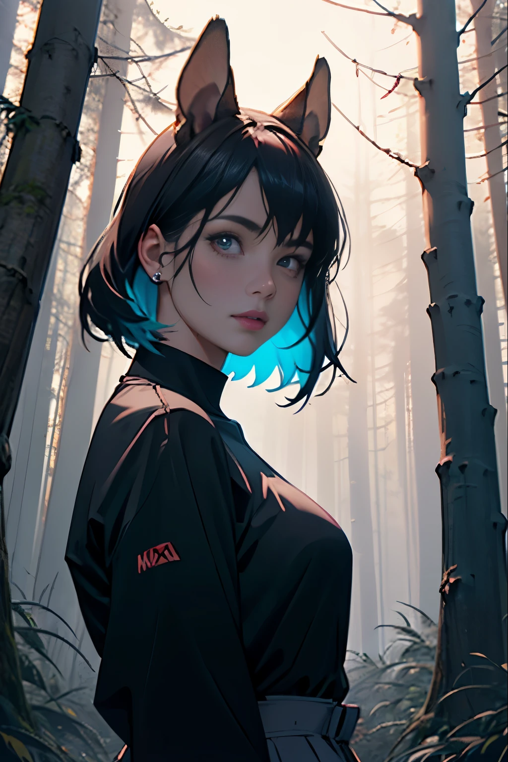 (a girl,squirrel head) stands tall, looks into the camera, gloomy fir forest, light fog, cinematic, dark colors, horror, masterpiece:1.2, ultra-detailed, realistic:1.37, HDR, UHD, studio lighting, extreme detail description, professional, vivid colors, bokeh, portraits, landscape