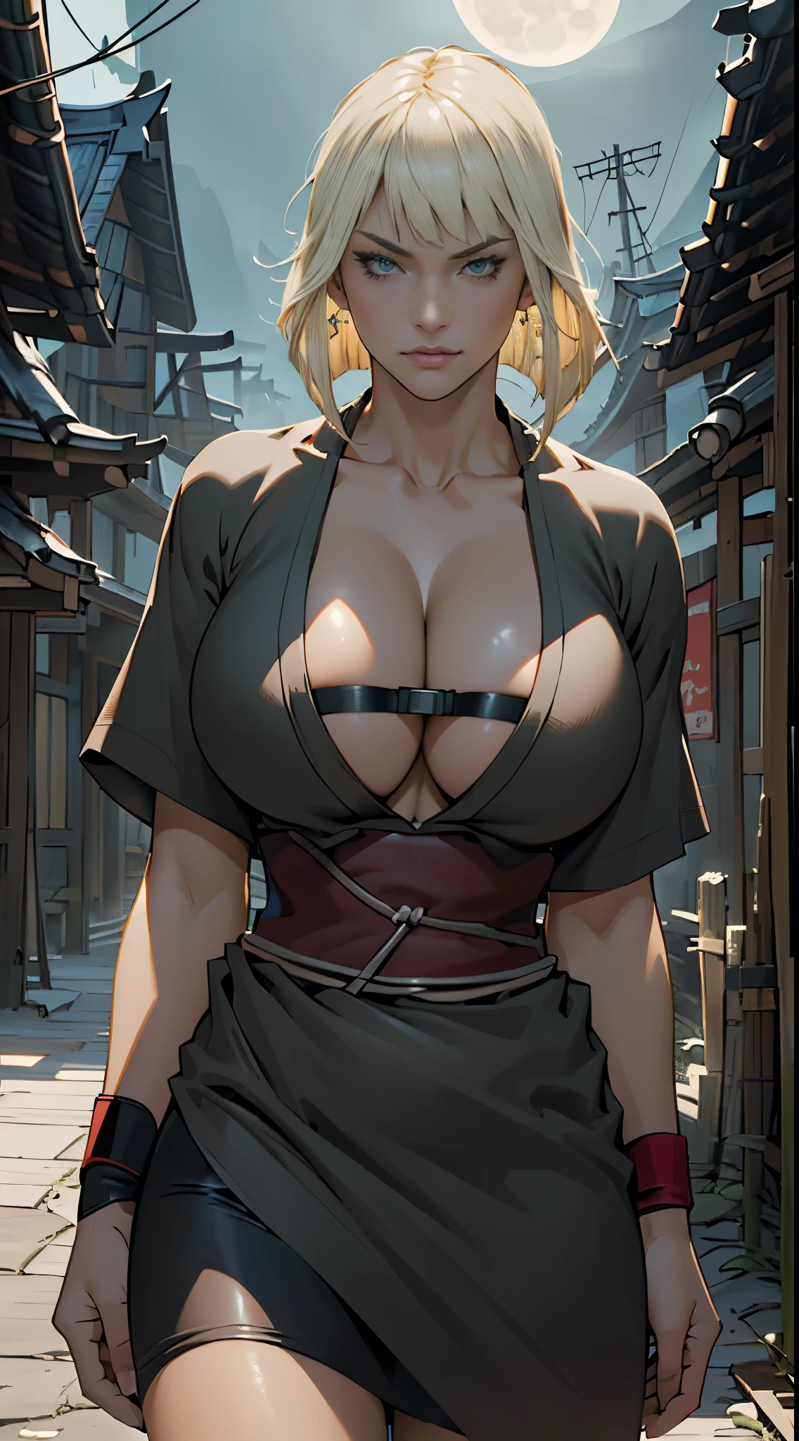 Masterwork, Best Quality, ultra-detailed, dynamic lighting, cinematic lighting, Gigantic , nipples, huge cleavage, (huge titties, masterpiece, best quality, samui, black kimono, cleavage, vambraces, cowboy shot, looking at viewer, emotionless, perfect face, perfect round breasts, ninja village, moonlight, sexy body