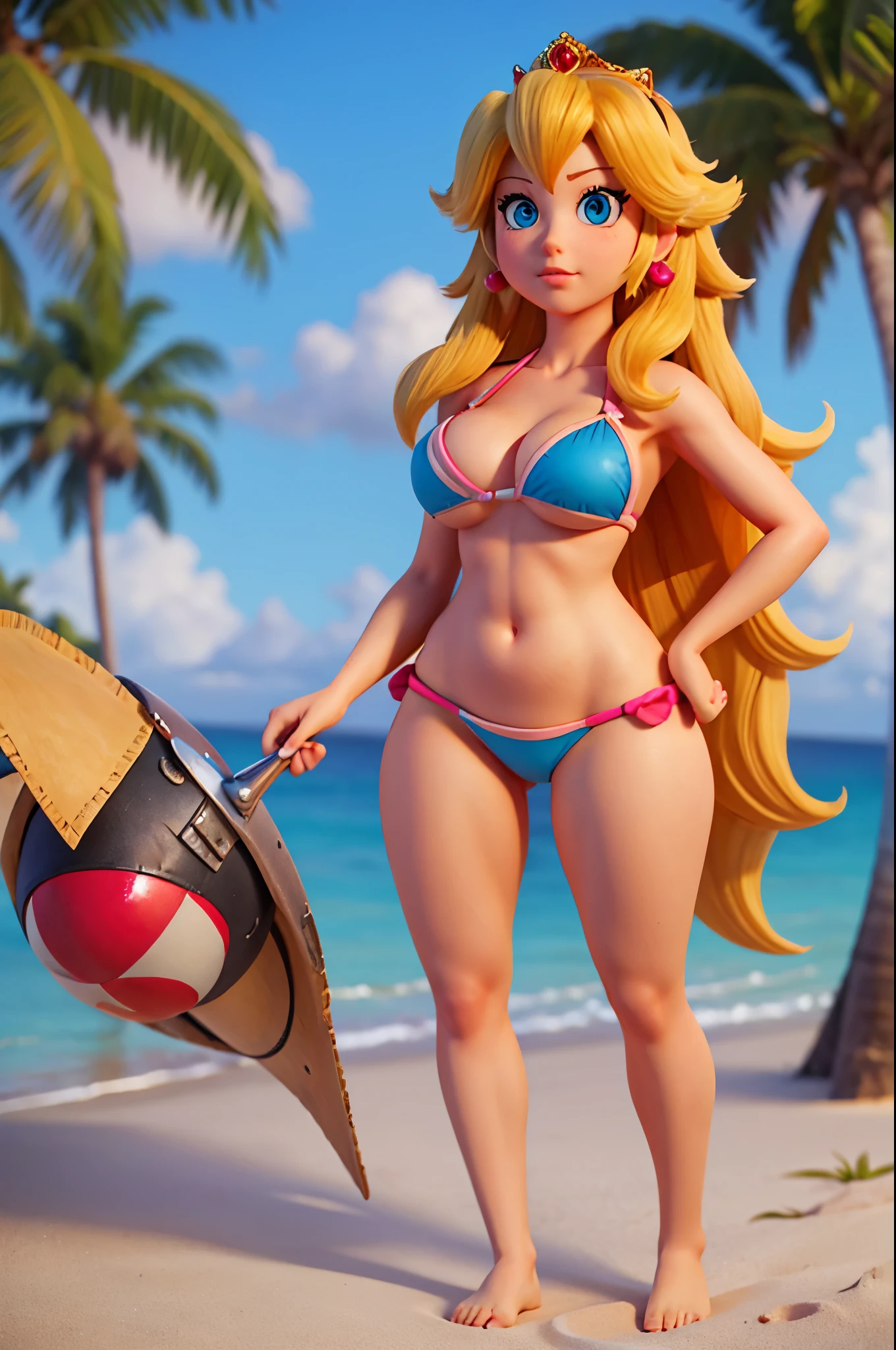 princess peach,bikini,beach,realistic textures,standing,thin hips, thick thighs,blue eyes,seductive eyes