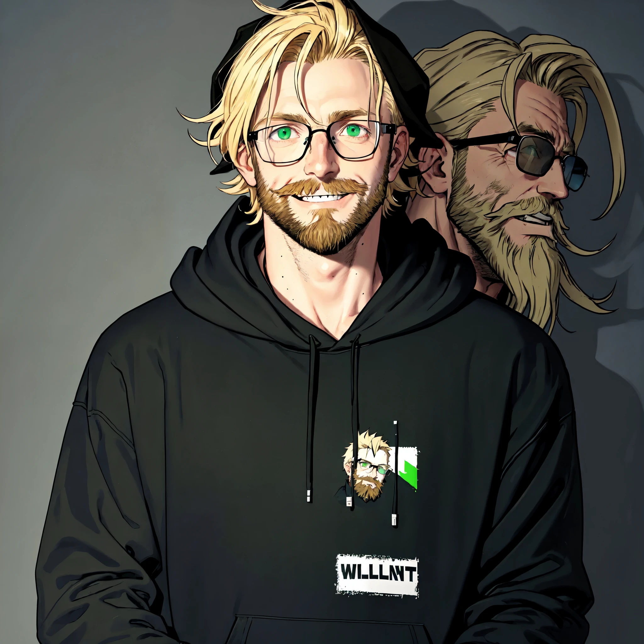 man with a beard and a black hoodie smiles at the camera, felix englund, mitch foust, professional picture, high quality portrait, headshot profile picture, black hoodie techie, headshot photo, anime style, blonde hair, green eyes, tan jacket, aviator glasses