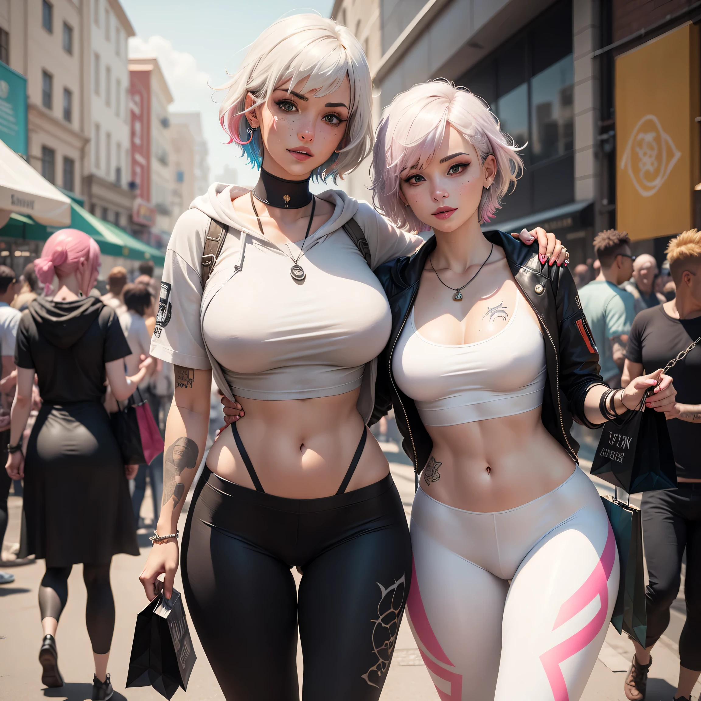 gwen tennyson,tracer,y'shtola rhul,yorha 2b,overwatch,nier automata,mecha pilot,shopping street,tattoos,white and pink plugsuit,white short sleeve lycra top,orange cargo leggings,uncovered belly,short hair,punk makeup,green eyes,multicolored silver hair,sexy smile,freckles,beautiful girl,large breasts,8k,ultra detailed,realistic,fantasy art,punk girl,ear piercings,metal band uniform,track suit,short sleeve sport hoodie,graffiti wall art,walking,chain necklace,sport purse,