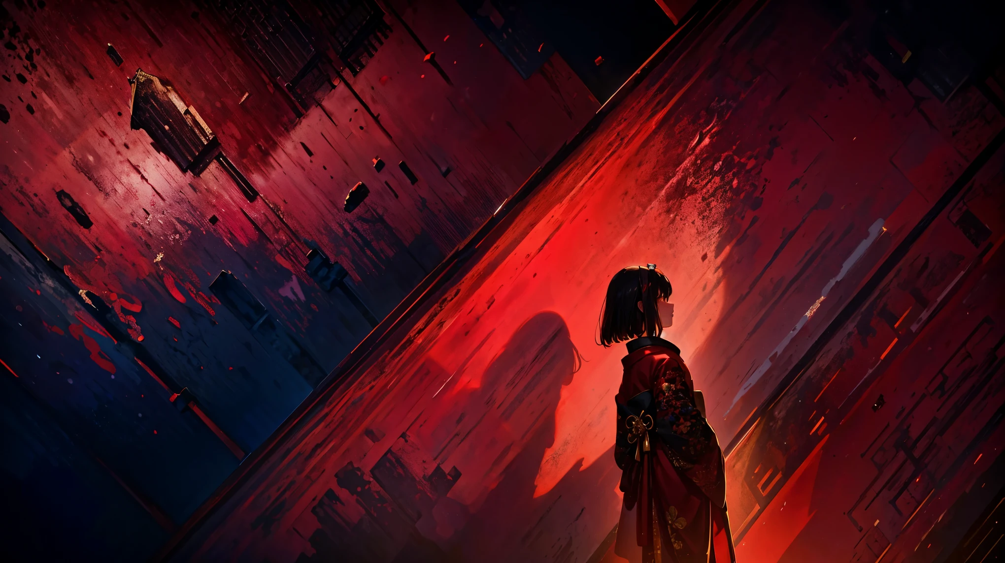 A world in crimson red, una chica vestida de geisha roja, kimono muy hermoso, murales a gran escala, Dimensiones multicapa, cielo Rojo, Arquitectura japonesa roja, red gradient, anime wallpaper lovely red lantern girl, Cara ultra detallada, kawaii, in the style of scenic environments, japanese style landscapes, rojo oscuro y rojo brillante, Dark burgundy and light crimson, digital art techniques --ar 5 7 --niji 5 --beautiful style,