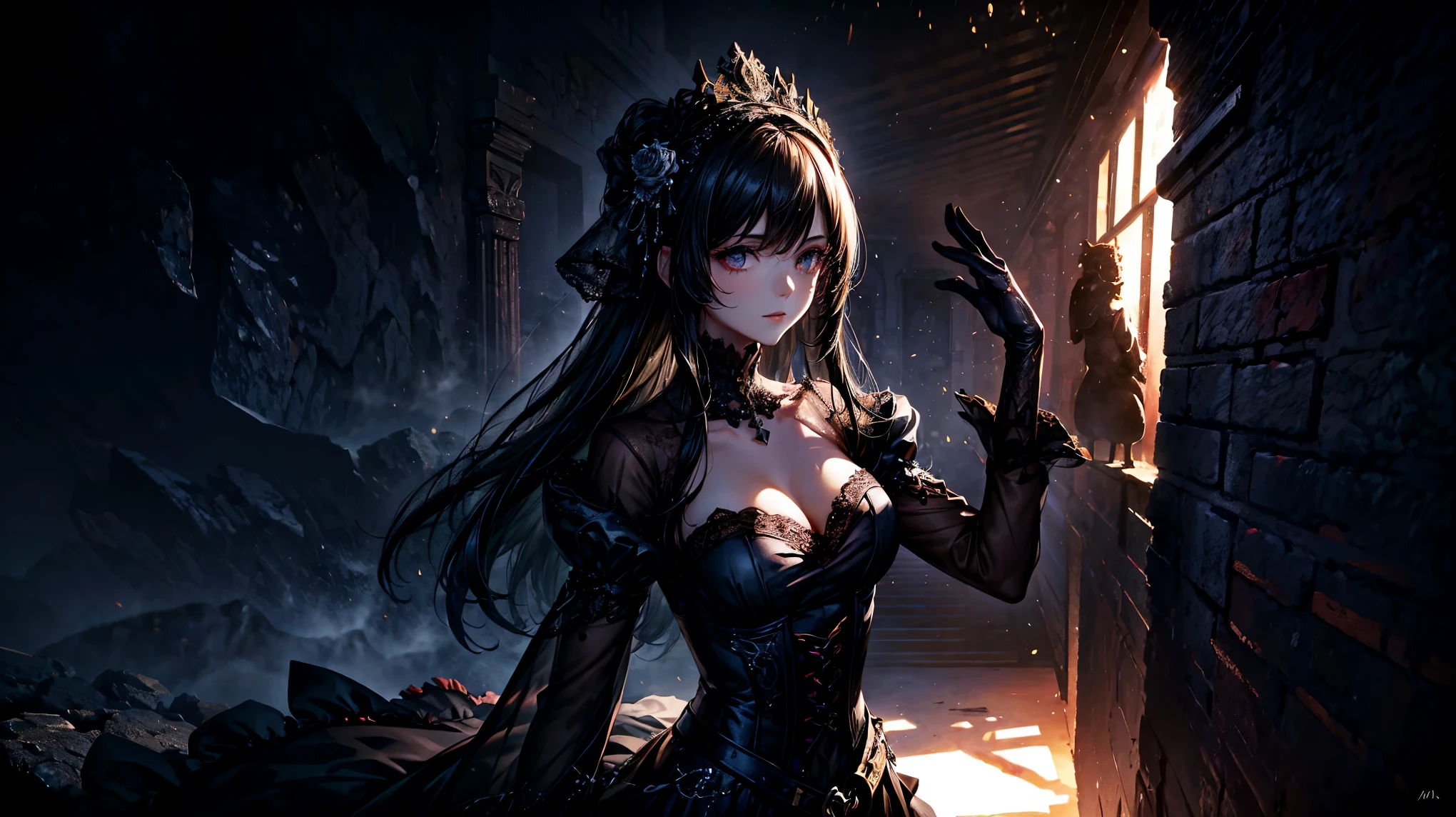 1 chica, mysterious expression, ojos penetrantes, Cabello negro largo y suelto, gothic costume, enigmatic smile, pale complexion, stylish features BREAK dramatic high angle shot, (panoramic view:1.2), Symmetrical composition, Altamente monocromo, sombras profundas, Destacados sutiles, Disturbing mood, artistic details BREAK ancient cathedral, vidrieras, Pilares ornamentados, velas parpadeantes, ethereal atmosphere, susurros secretos, belleza eterna, absurdos, high resolution, Single, Obra maestra