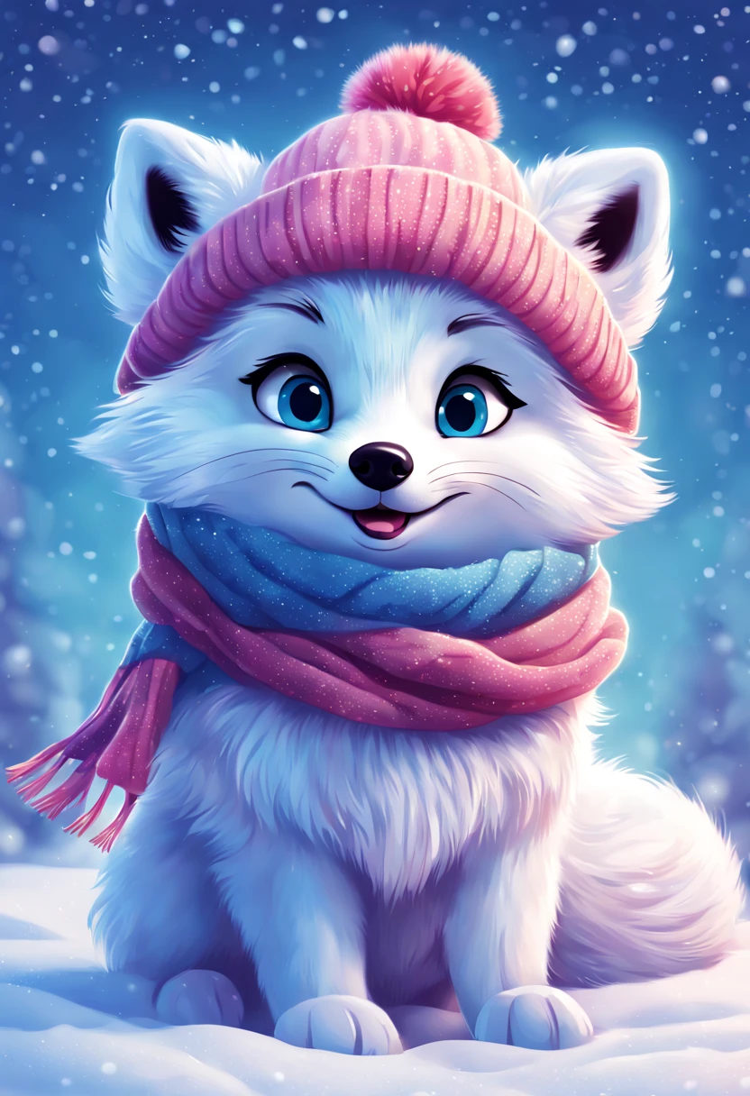 A cartoon of a cute arctic fox with big eyes wearing a fluffy winter hat and scarf. It is playing in the snow, making a snow angel. Flat vector illustration with bright solid colors and smooth gradients. In the artistic style of Disney animation, aesthetic