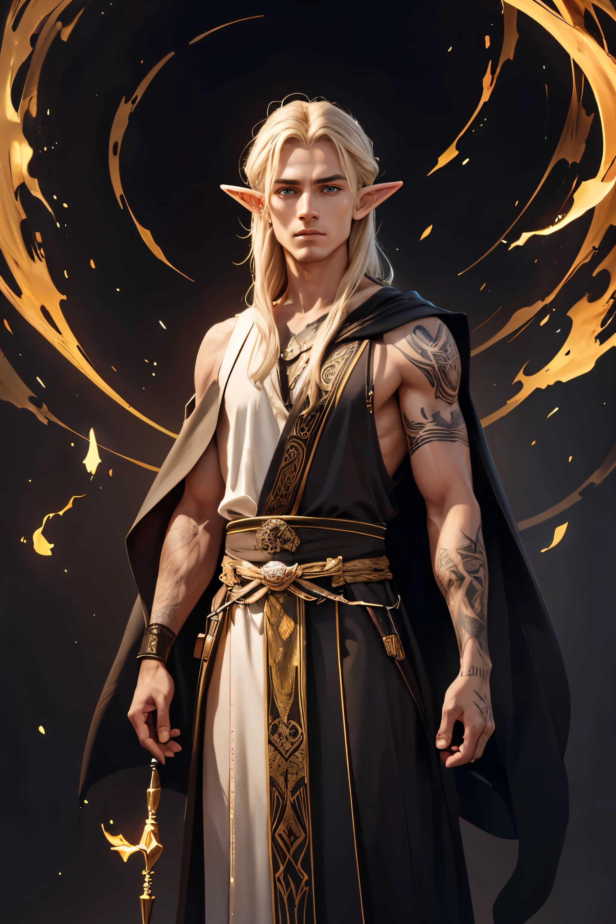 an elf with shoulder-length ashen blonde hair stands on a dark background. He wears flowing robes that are sleeveless. The robes are magical with interwoven golden accents. The elf has runic tattoos scattered along his arms. His arms are crossed and he appears confident, standing tall. There is an aura of mystical energy encircling him. He appears to be in his 30s. acrylic painting realistic masterpiece