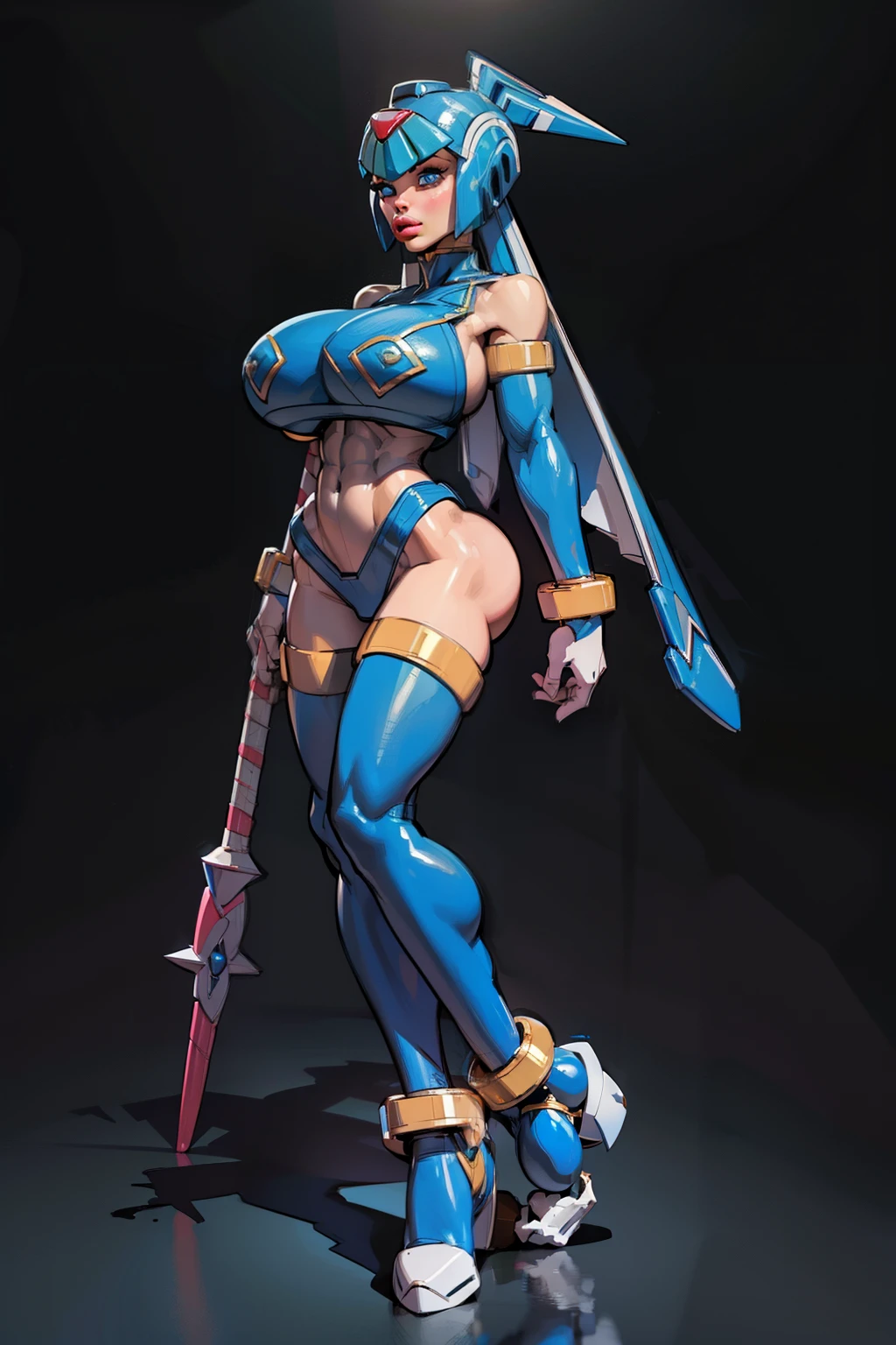 Generate an illustration of a mature (leviathan_megamanz), gym leader of megaman, leviathan_megamanz, 1girl, solo, blue eyes, android, helmet, thighhighs, holding a staff, de terno preto, (gigantic breasts:1.4), blue and gray outfit in anime format with a serious style, (cape), blue tights, boots, gothic make up, masterpiece, ((dark lighting)), black background, puffy lips,slendered abs, beautiful face,