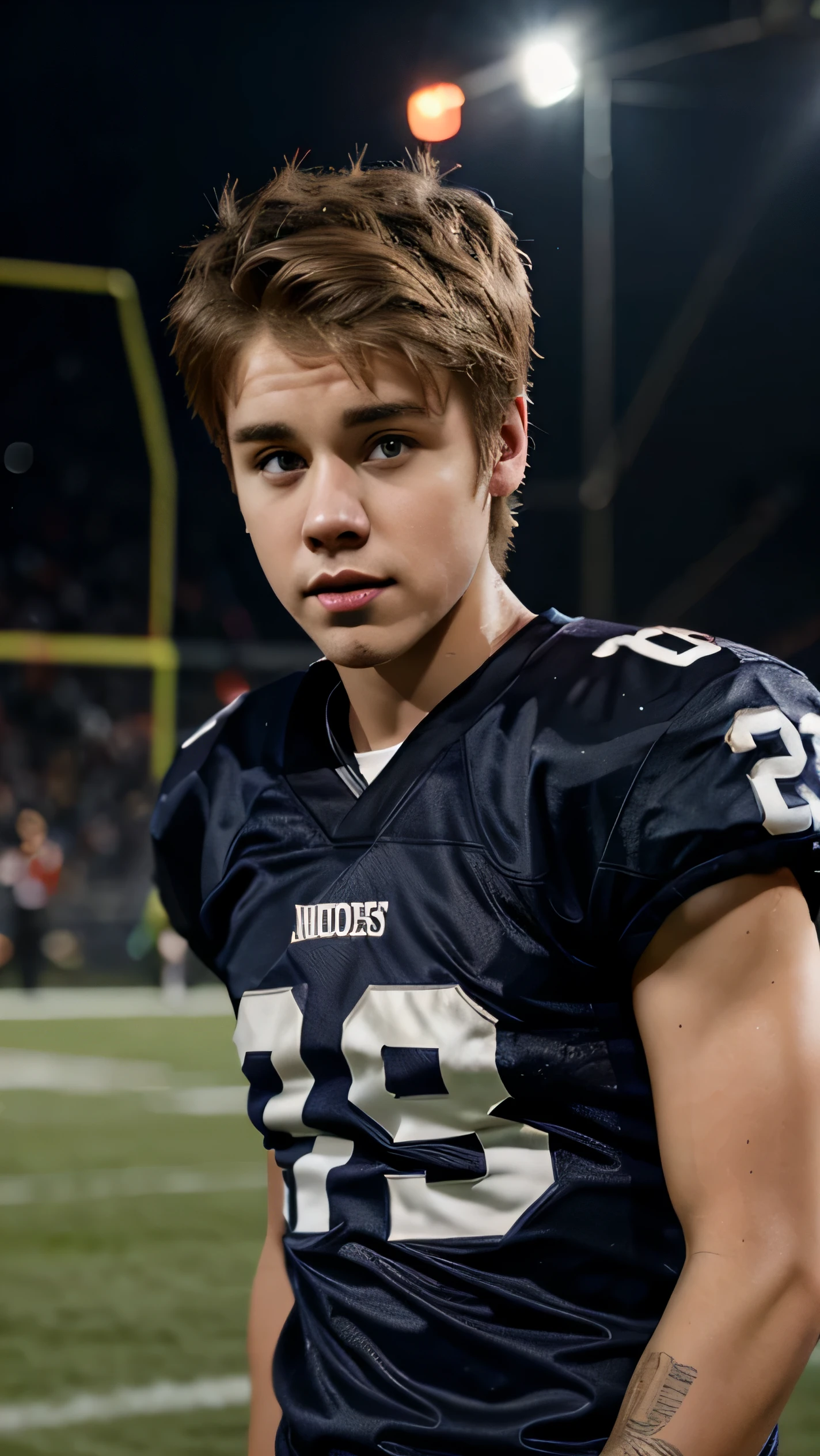 A photograph of Justin Bieber in a american football jersey, portrait, 8k uhd, high quality