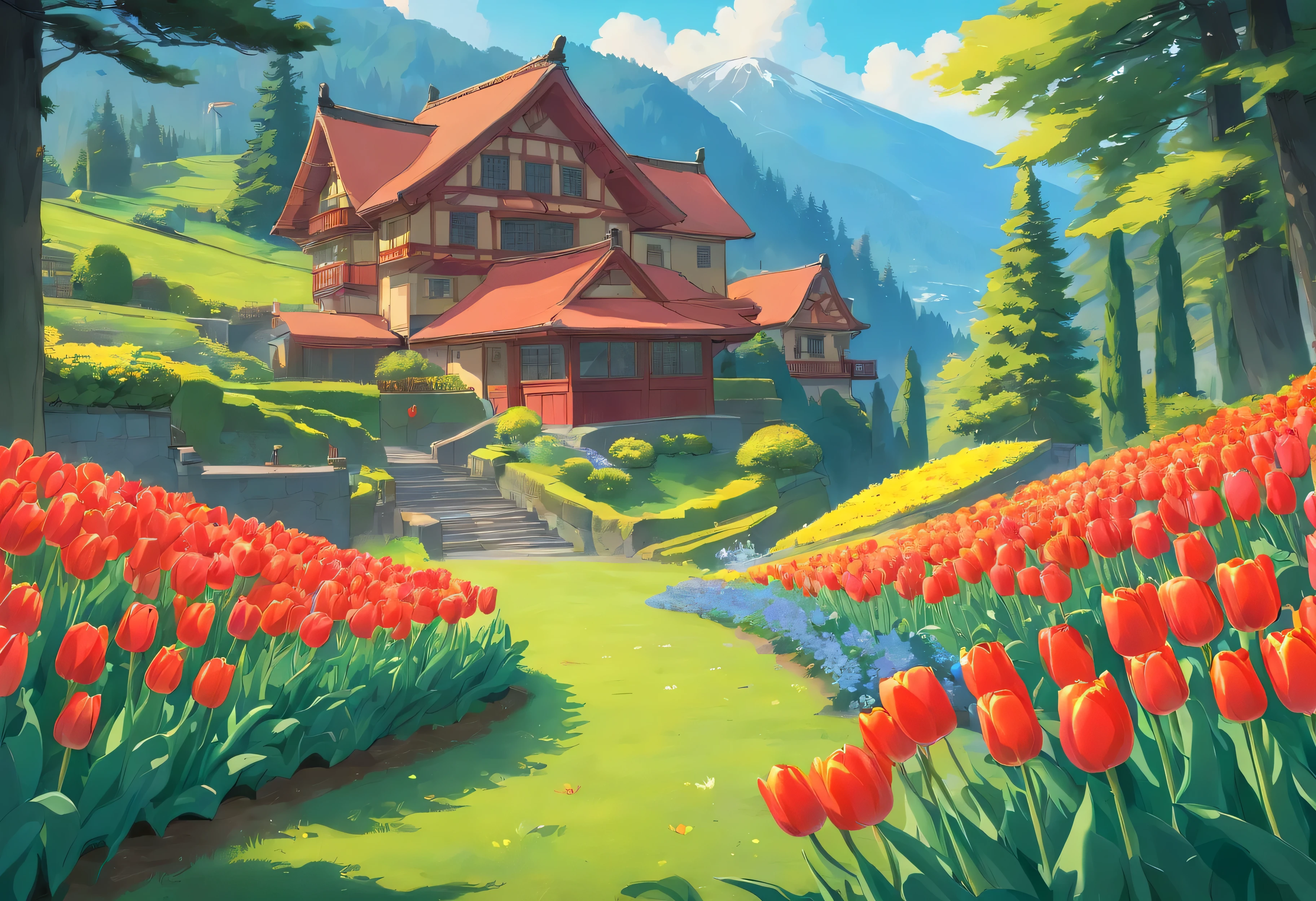 a garden filled with lots of red and yellow tulips, Pacific Northwest coast, vivid caustics, Kenwood, hillside, manicured, inspired by Carl Frederik von Breda, inspired by Cassius Marcellus Coolidge, in the hillside, mature color scheme, green grass field, expansive view, 8k, super detail, accurate, best quality