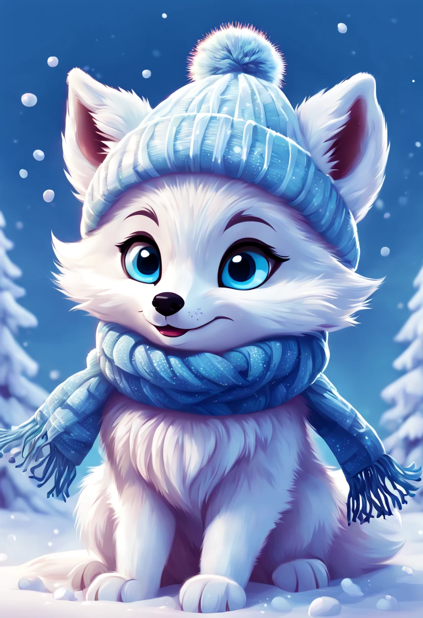 A cartoon of a cute arctic fox with big eyes wearing a fluffy winter hat and scarf. It is playing in the snow, making a snow angel. Flat vector illustration with bright solid colors and smooth gradients. In the artistic style of Disney animation, aesthetic