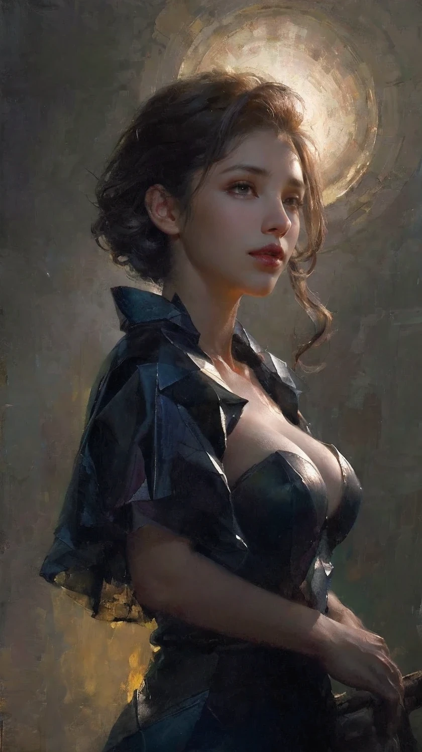 ((dyeing)),((oil painting)),((impasto)),1girll, Solo,cowboy shot,[(Gradient background:1.5):0.5],simple background,Groot costume dress,Big breasts,Raw,16K,ultra high res,cinematic shot,twilight lighting,volumetric lighting,dramatic lighting,(sharp focus,photorealistic,realism,depth_of_field:1.5),