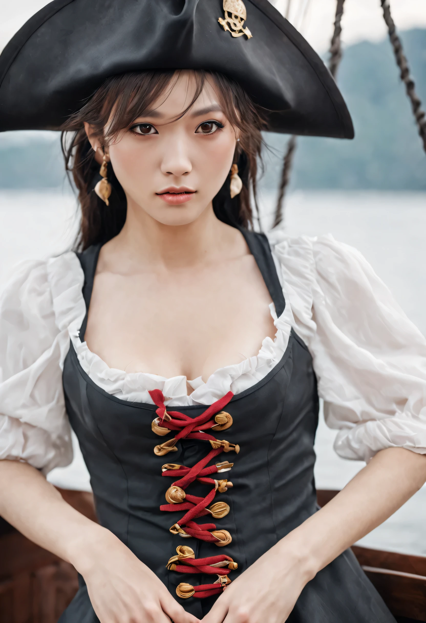 a sexy japanese woman wear pirate hat, pirate outfit, on a pirate ship, fog, soft light, protrait, best quality, masterpiece, xxmixgirl