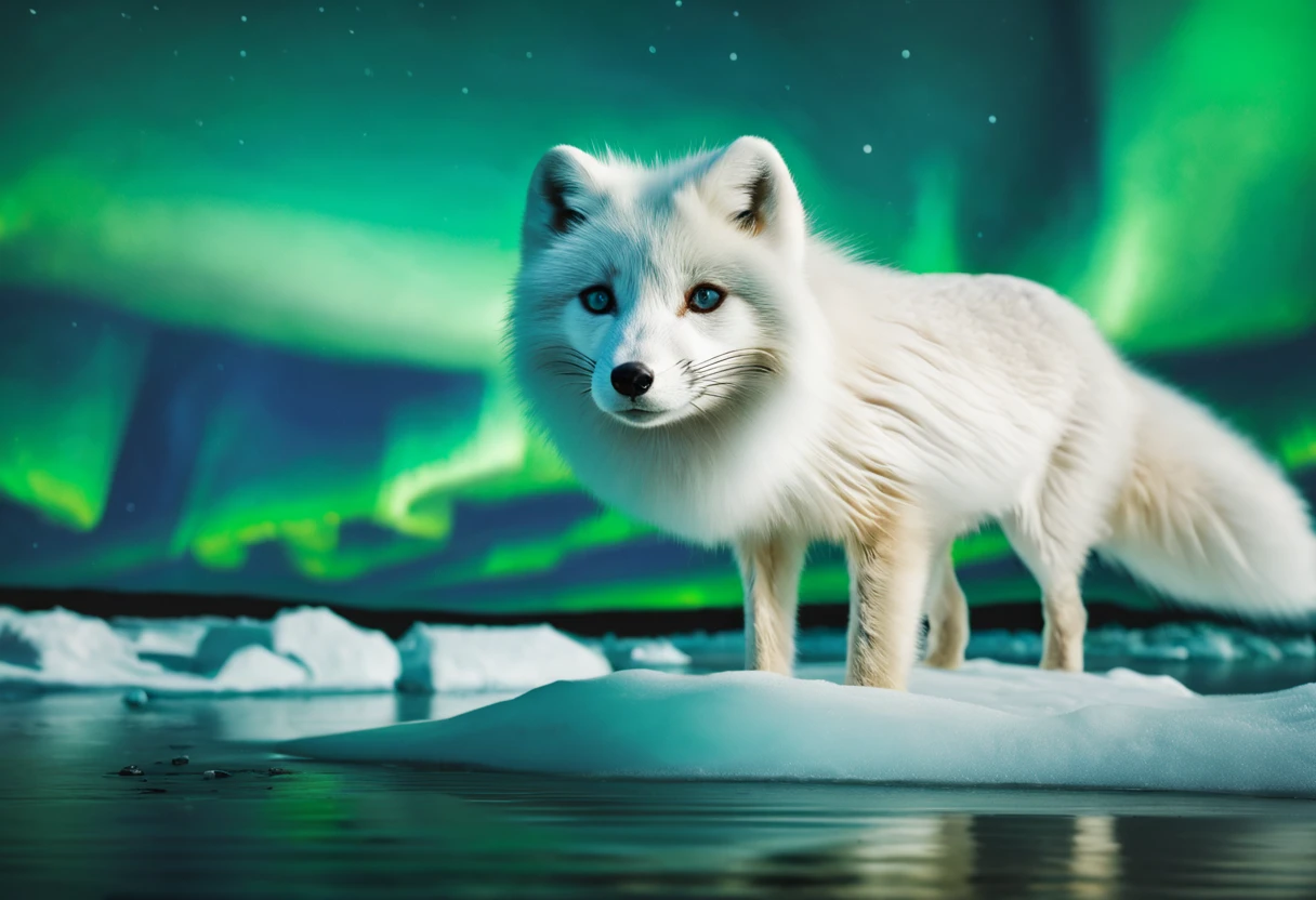 Embark on a visual journey into the Arctic wilderness with a National Geographic-inspired image featuring an Arctic fox. In the pristine, snow-covered landscape, envision the charming creature, its fluffy white fur perfectly camouflaged against the icy surroundings. Bathed in the soft glow of the northern lights, the Arctic fox stands as a symbol of resilience in the extreme environment. Its keen eyes reflect the harsh beauty of the polar wilderness, and its agile form hints at a life adapted to survival in the harshest climates. This captivating depiction captures the essence of the Arctic, showcasing the elegance and adaptability of the iconic Arctic fox in its natural habitat.