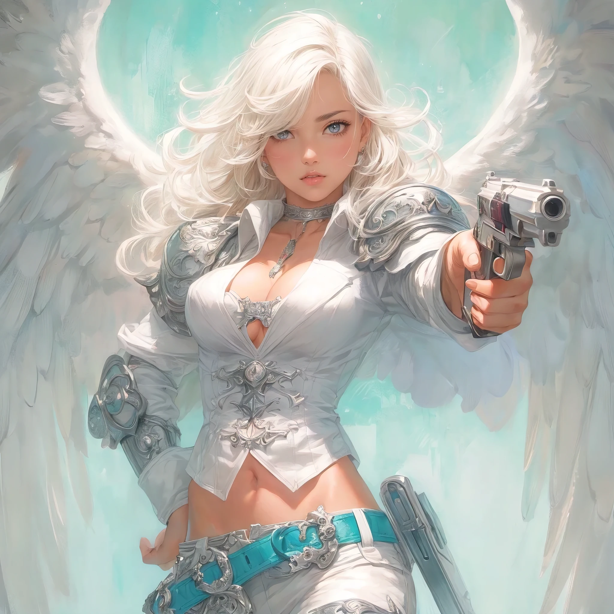 (masterpiece, beat quality, ultra-detailed:1.3), a beautiful angel with a gun, aiming at the viewer, foreshortening, perfect body, large breasts, wide hips, big gorgeous eyes, full lips, soft smile, wings, armor designed by vivienne westwood, silver city, dramatic, perfect illustration colab by ayami kojima x artgerm x donato giancola