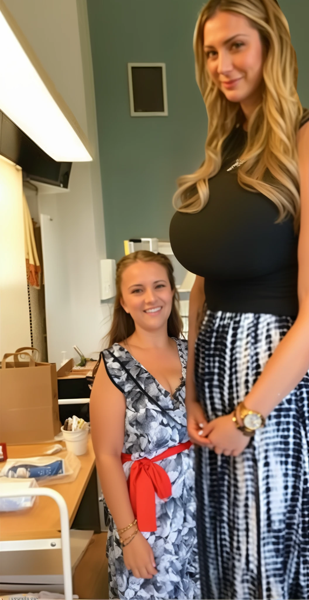 (angled view:0.9), hidden breasts, plain tee shirt, (big giant enormous oversized massive huge colossal breasts:1.35), (gigantic sagging breasts:1.35), (long hair:1.35), wavy hair