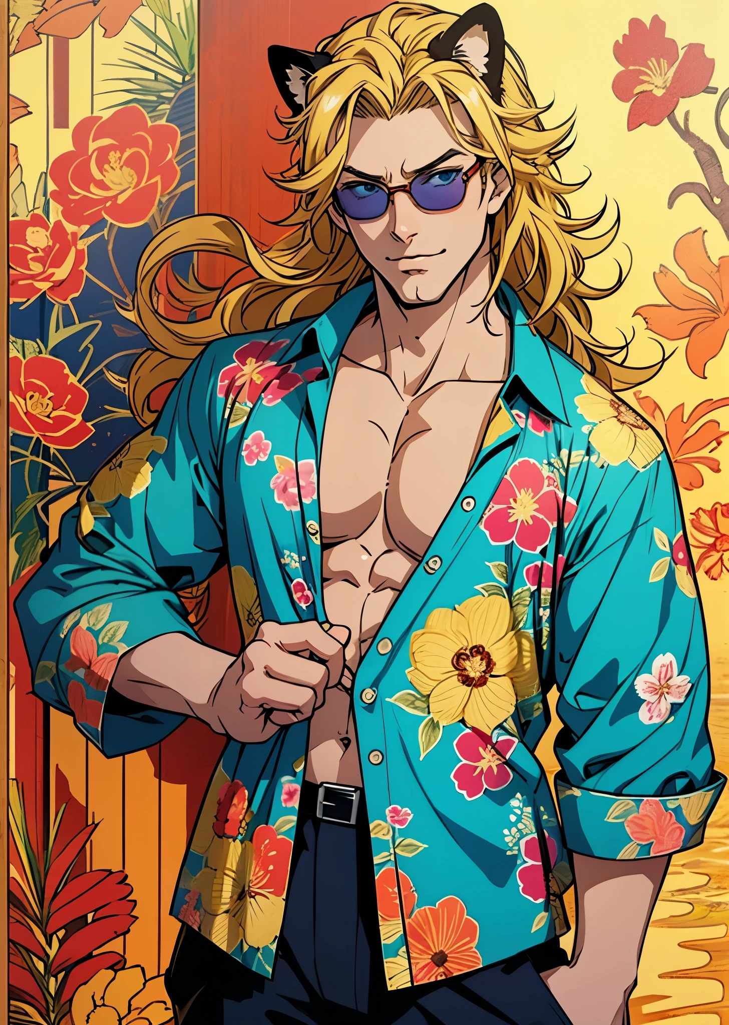 ((Hirohiko Araki style)), One male, lion ears, long hair, blond, blond hair, green eyes, tall, muscular, Hawaiian shirt, beautiful face, ((highest quality)), ((masterpiece)), 2d, ((anime)), (perfect face), ((highest detail)), feline eyes, stubble, lion tail, wavy hair, cowboy shot, intricate details, ((beach background)), ((solo)), ((red sunglasses)), smile,