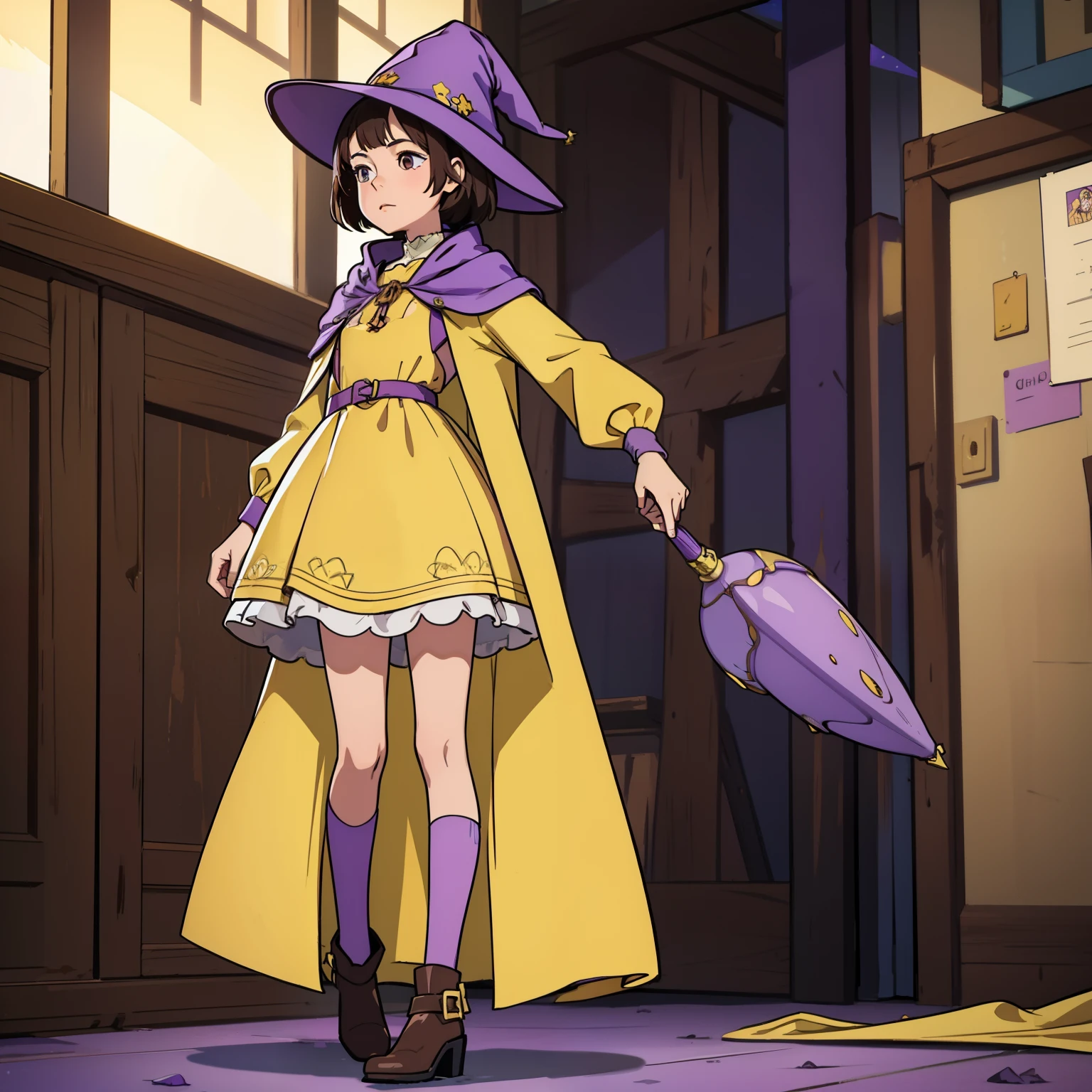 Young woman, brown short hair, short stature, yellow dress, Purple Cloak,  purple witch hat, whole body