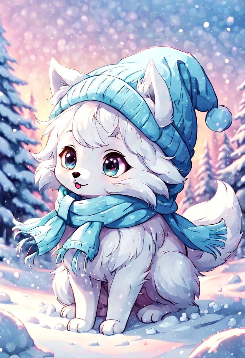 A cartoon of a cute arctic fox with big eyes wearing a fluffy winter hat and scarf. It is playing in the snow, making a snow angel. Flat vector illustration with bright solid colors and smooth gradients. In the artistic style of Disney animation, aesthetic