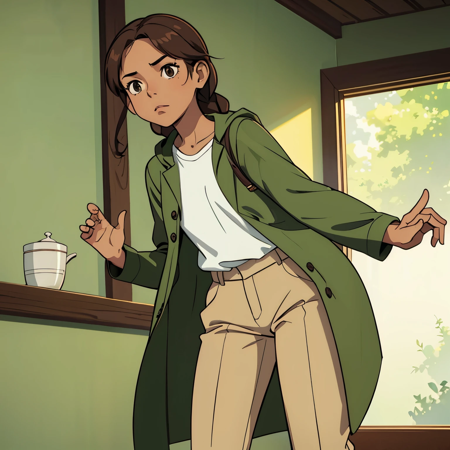 Young woman, dark skin, brown hair in a braid, White shirt, brown pants, green raincoat