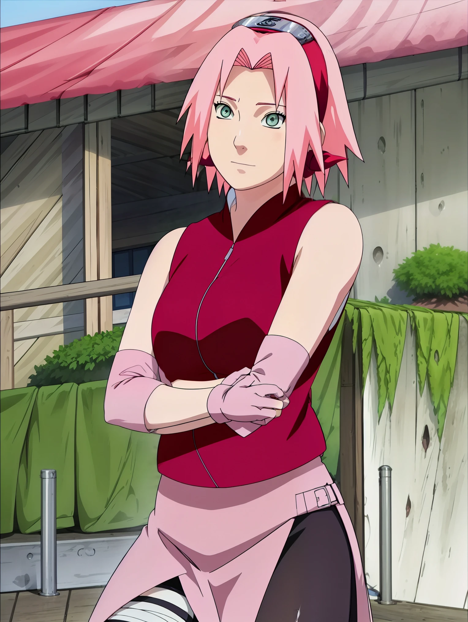 High-quality, ultra-detailed, realistic artwork of a scene from "Sakura Shippuden" with vivid colors, perfect for 4K or 8K resolutions. The scene depicts Sakura Haruno, a young woman, standing gracefully in a garden surrounded by blooming sakura (cherry blossom) trees. She is wearing a red jacket embroidered with the symbol of Konohagakure, the Hidden Leaf Village. Her leg is bandaged, indicating a recent injury. Sakura is wearing a short skirt and toeless footwear, emphasizing her femininity and agility.

Sakura has shoulder-length bangs that softly frame her face, revealing her beautiful, green eyes. Her face is adorned with a forehead protector, which bears the Konohagakure symbol, signifying her allegiance to her village. The artwork showcases Sakura's attention to detail, including her long eyelashes, detailed lips, and delicate features, capturing her determination and inner strength.

The lighting in the scene is soft and warm, casting a gentle glow on the petals of the sakura blossoms. The vibrant colors of the cherry blossoms contrast against Sakura's black short sleeves and gloves, adding depth to the composition. The overall color scheme leans towards pastel tones, enhancing the serene and tranquil atmosphere of the garden.

This masterpiece artwork aims to capture the essence of Sakura Haruno's character, portraying her as a confident, skilled kunoichi amidst the delicate beauty of the sakura garden. The attention to detail, vibrant colors, and realistic rendering will bring this scene to life, evoking the spirit of "Sakura Shippuden" in a visually stunning manner.