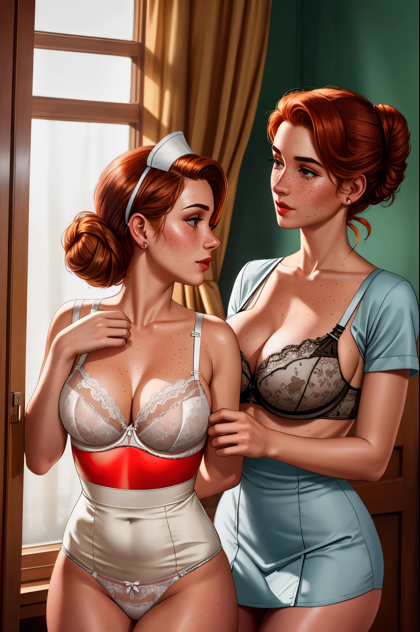 nikon z6, 75 mm f1.4, award winning 1950's photograph of
2 people, One is a (older Sexy school nurse wearing very short ((nurses dress)), brown hair in bun, panties peeking out), giving a breast exam to the other person, a (cute, , slender 18 year old girl with small breasts, ((wearing bra and panties)), with ginger hair and freckles, wearing vintage lingerie) 1950's vintage, highly detailed, innocent, sweet, in school nurse office
highres, detailed facial features, high detail, sharp focus, smooth, aesthetic, extremely detailed, octane render, photo_\(ultra\), photorealistic, realistic, post-processing, max detail, roughness, real life, ultra realistic, photorealism, photography, 8k uhd, photography, SEMI-SILHOUETTE light, russian face, octane render,